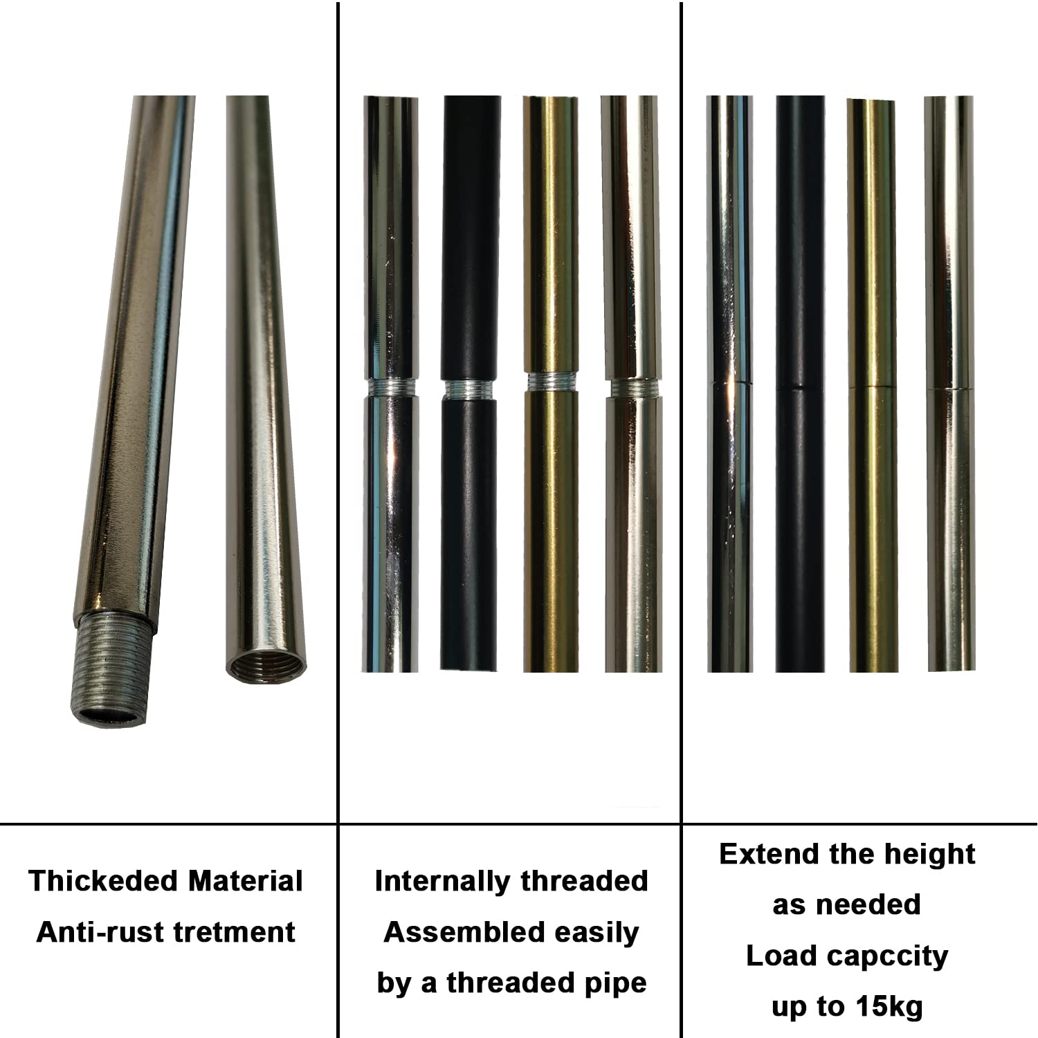 Haligate Brushed Nickel M12 Threaded Extension Rod For Pendant Light, Island Lighting, Chandeliers,Lighting Fixture Downrods & S