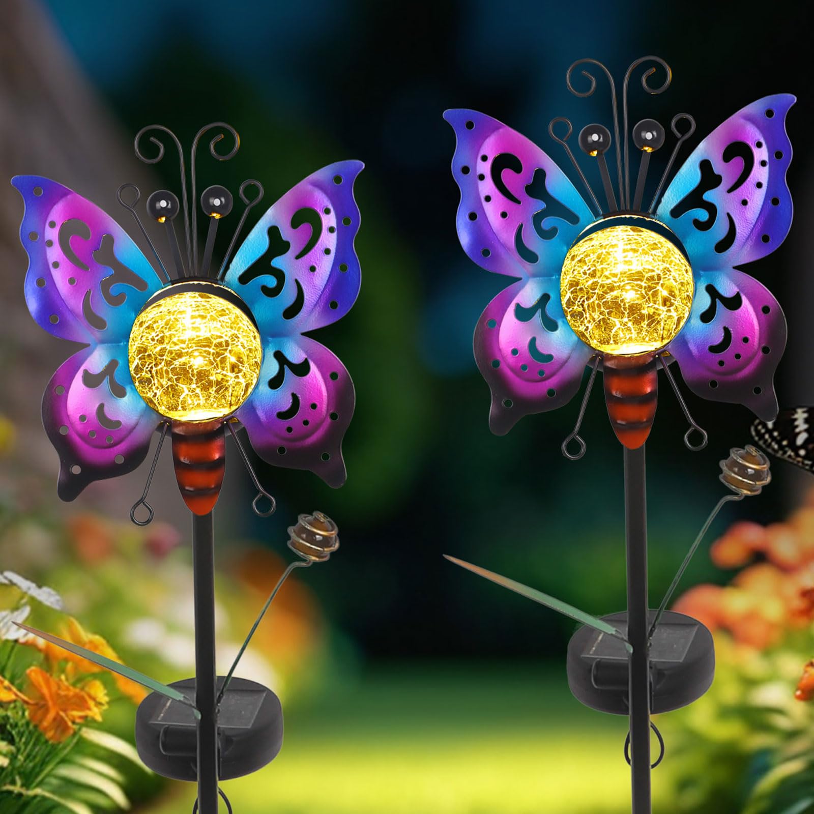 Solar Butterfly Garden Stake Lights Outdoor Waterproof 2 Pack Metal Butterfly Solar Lights for Outside Yard Lawn Patio Decor Gar
