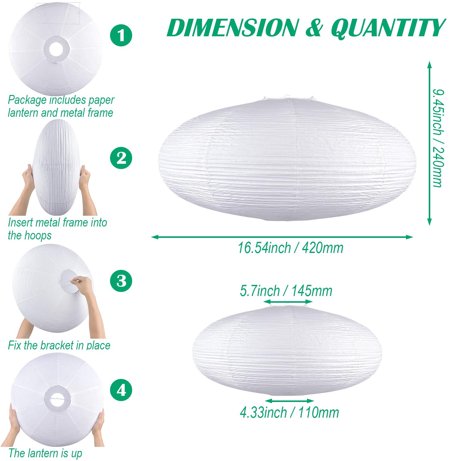 White Oval Paper Lanterns-16.54'' Large Hanging Paper Lantern Lamp, Chinese/Japanese Paper Pendant Lampshade For Party Decoratio