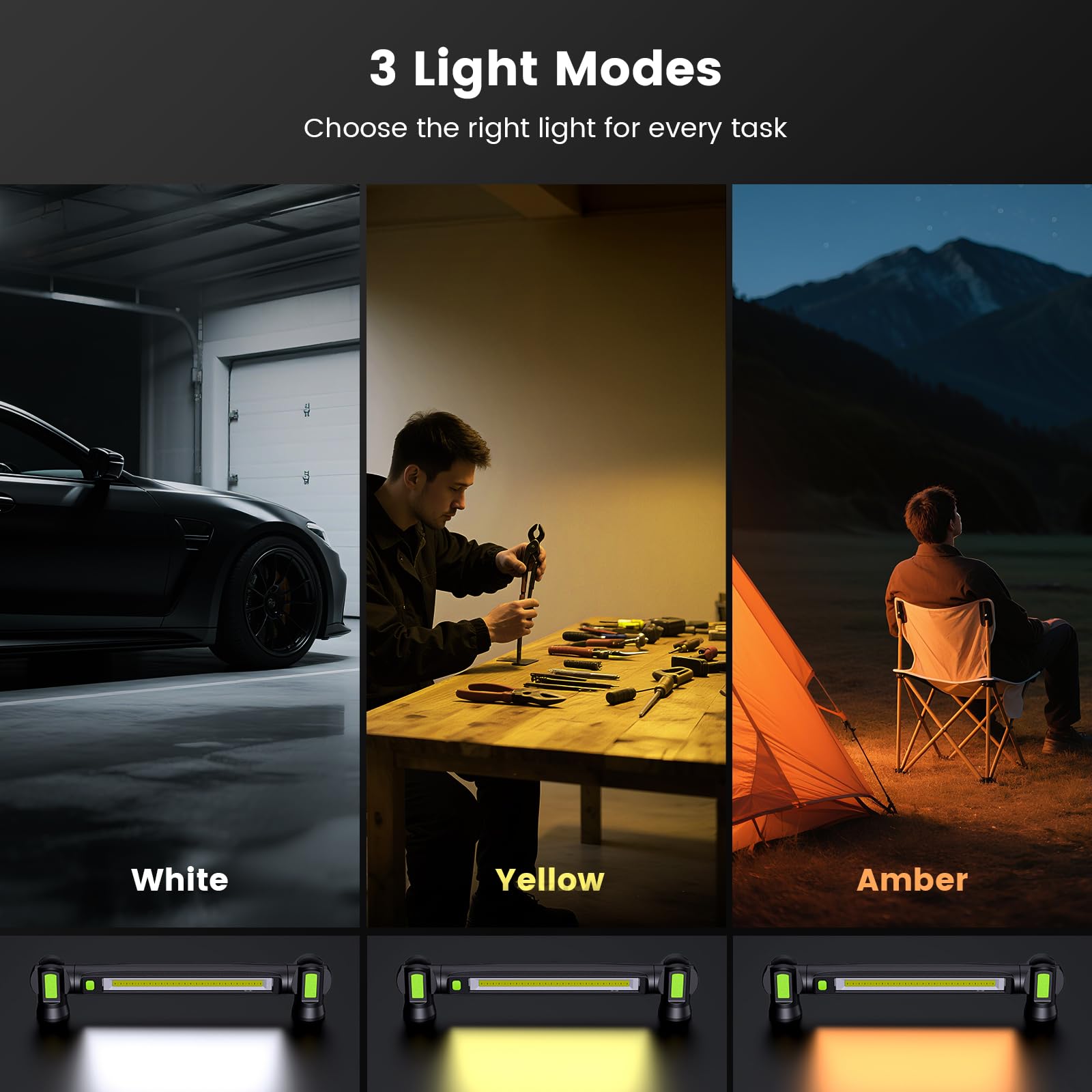 etoolab Work Light 3000LM Cordless Under Hood Light Bar, 3-Mode, USB-C Fast-Charge, Magnetic Hook, Black, Model L3 Lite
