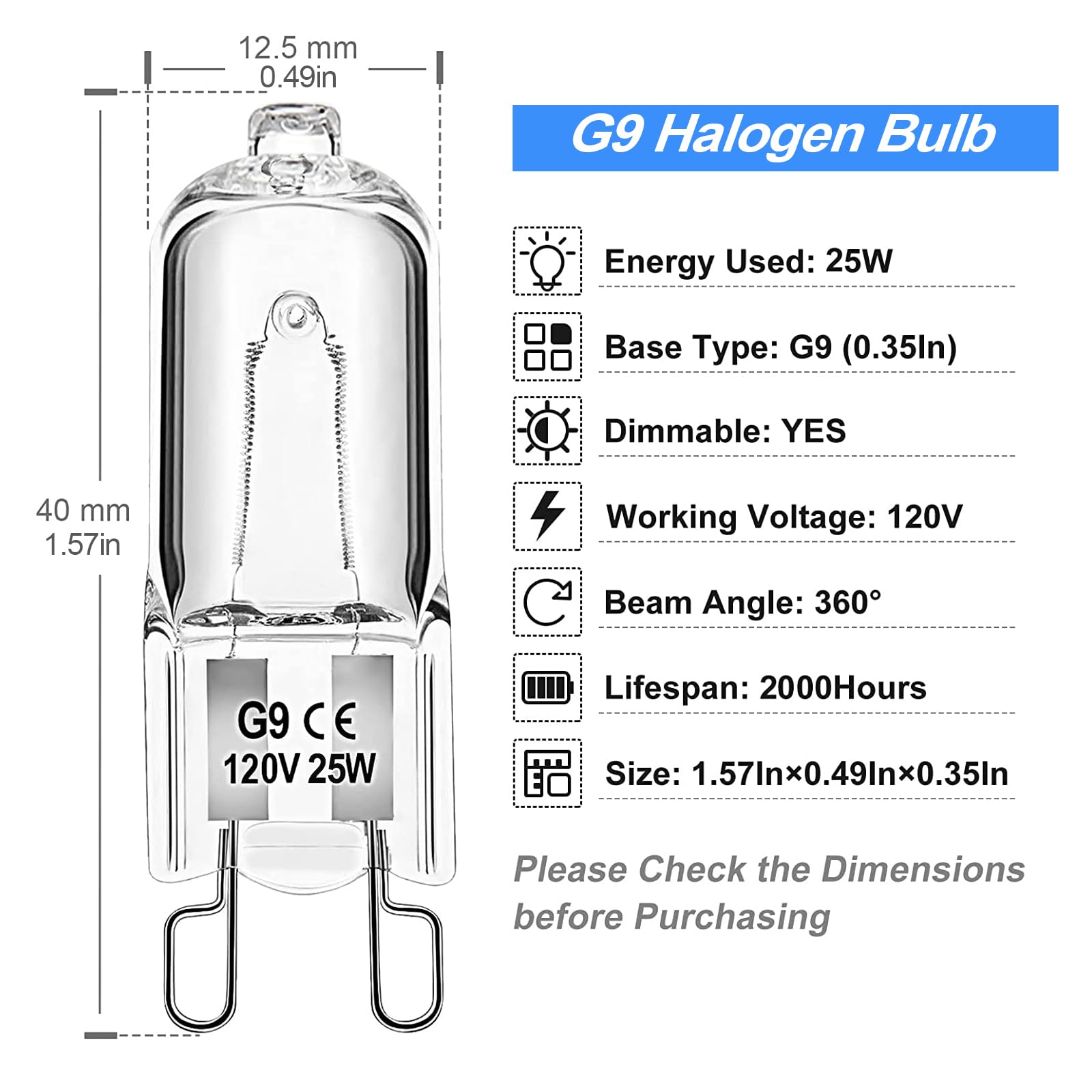 Weshlmpo G9 Bulb 12 Pack, 120V 25W Dimmable G9 Halogen Light Bulbs 2 Pin Base Jcd Type, For Range Hood Light, Chandeliers, Penda