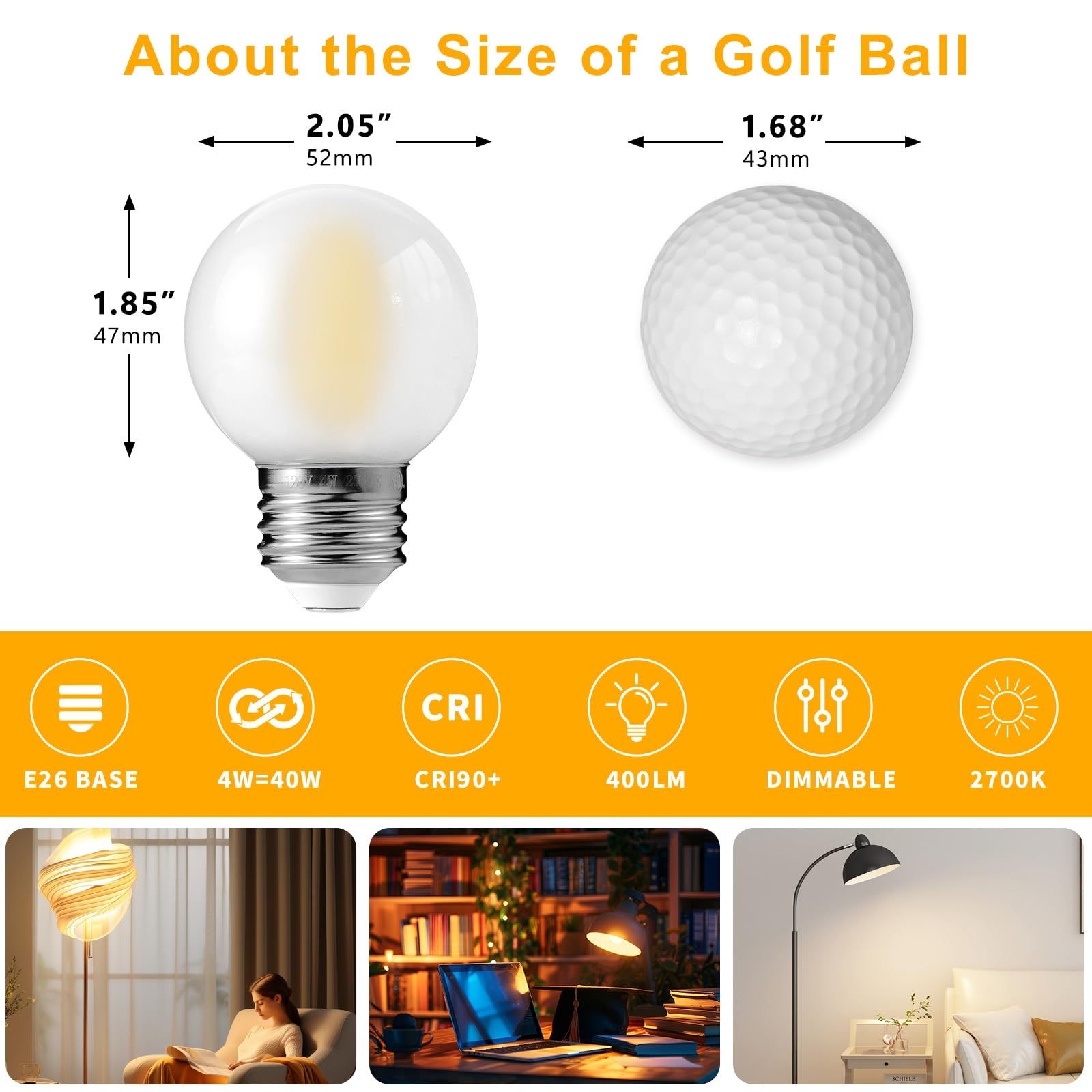 Decoaui E26 G16 LED Globe Light Bulbs 4W 400 Lumens 2700K Soft White Frosted Glass 6 Pack