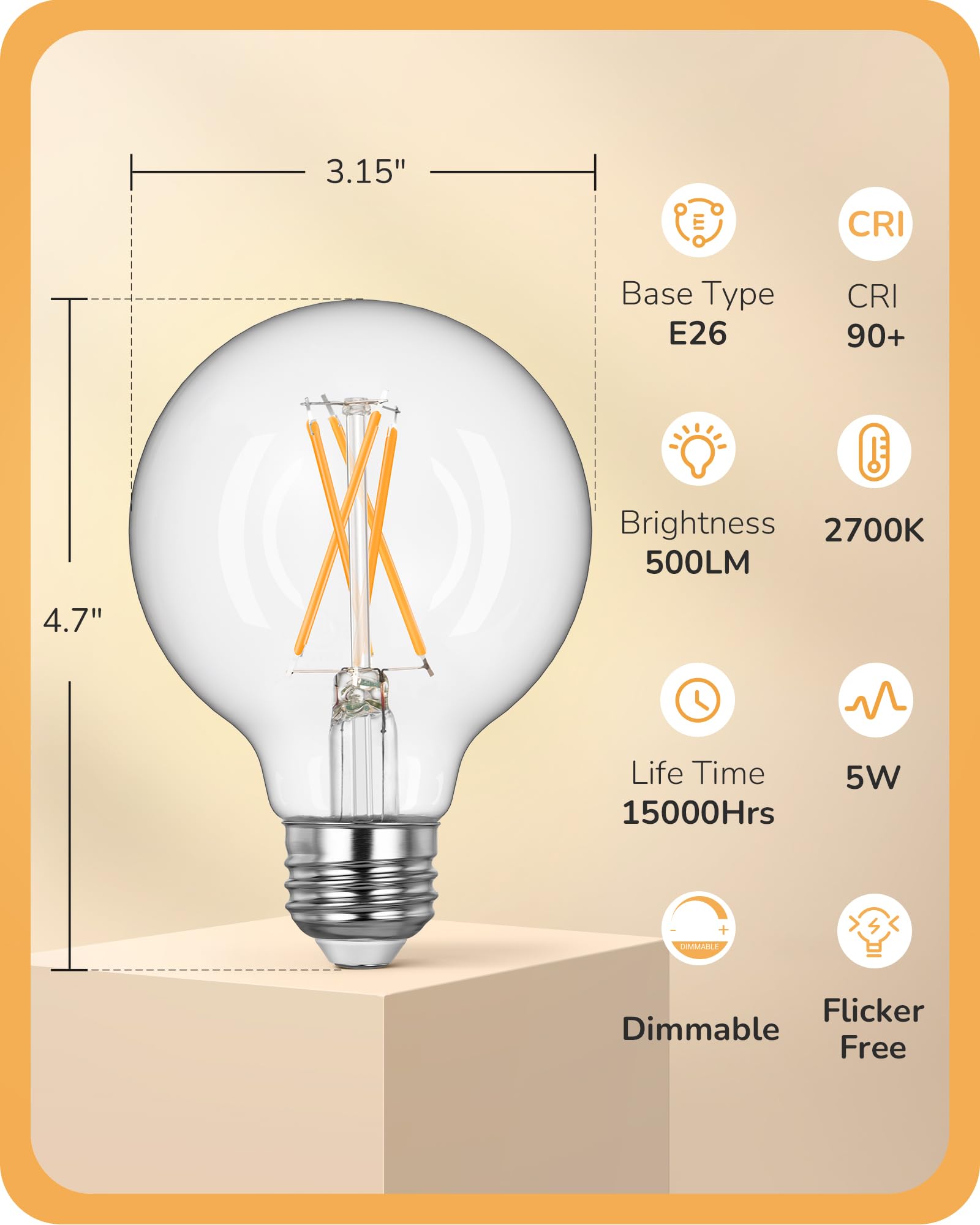 EDISHINE G25 Globe Light Bulbs, Dimmable Vintage LED, 5W Equivalent 60W, Clear Glass, 2700K Warm White, E26 Base, UL Listed