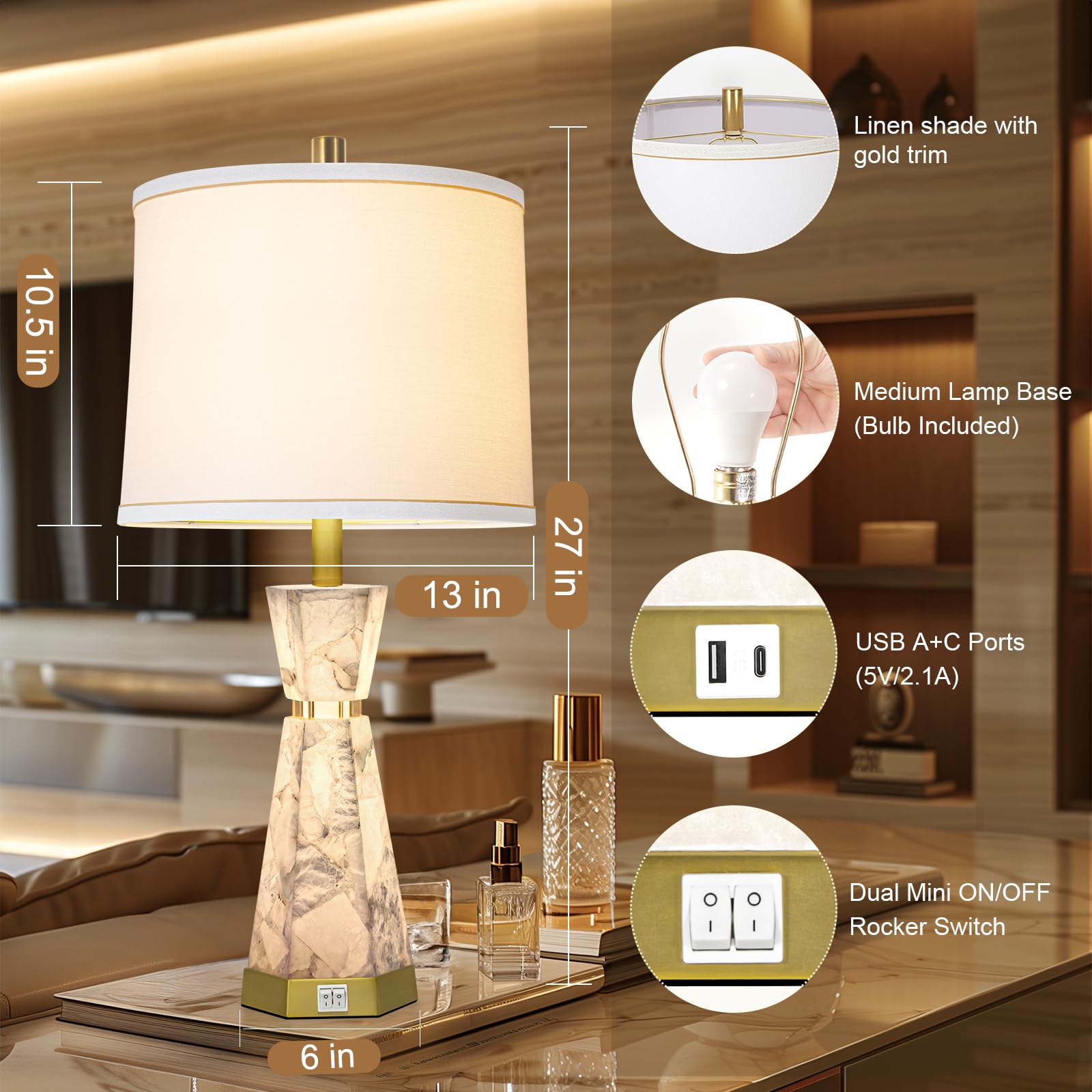 Natural Alabaster Table Lamp,Living Room Lamps Set Of 2,Nightstand Lamp With Night Light,Lamps For Living Room With Linen Fabric