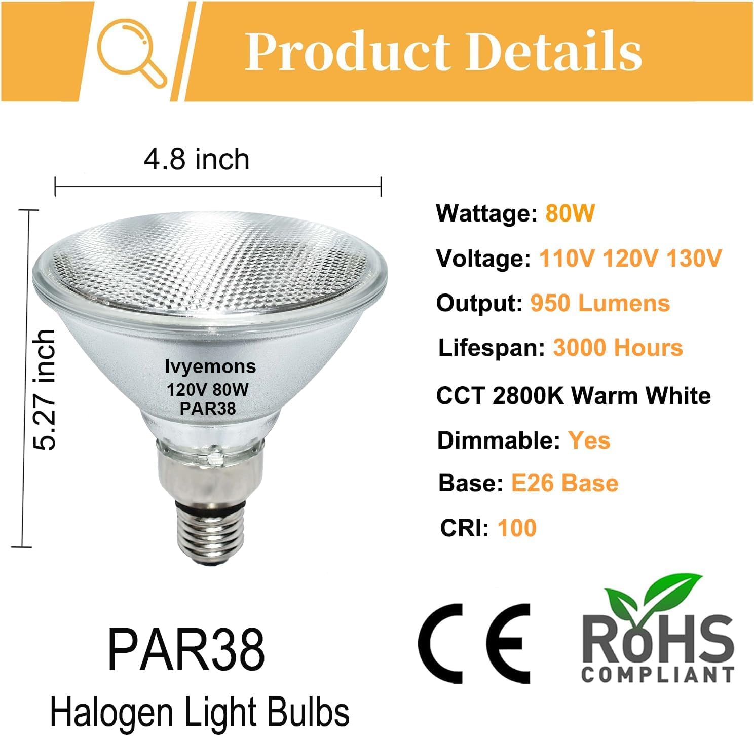 Ivyemons Par38 Flood Light Bulbs - 2 Pack 80W Par38 Halogen Bulb 120V E26 Base, Par 38 Bulb Dimmable 2800K Warm White For Indoor