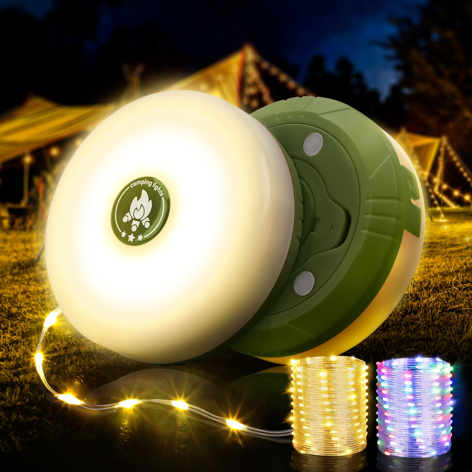 OGERY 2-Pack Camping String Lights, 4 in 1 Quick Storage 32.8FT Rechargeable Tent Lights String with 8 Lighting Modes, Hanging W