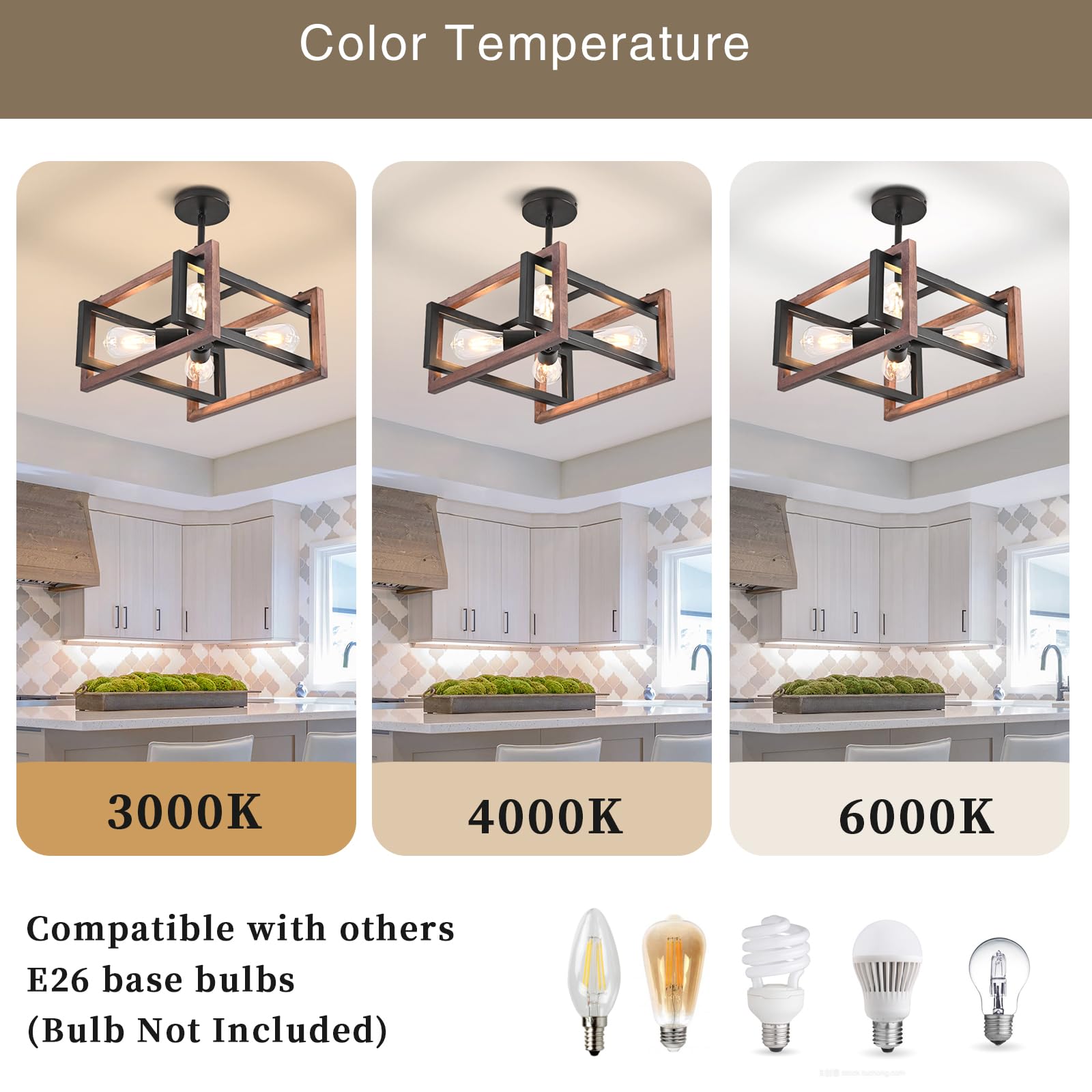 HuisMier 4-Light Rustic Wood and Metal Semi Flush Mount Ceiling Light - Industrial Chandelier for Dining Room, Kitchen, and Living Room