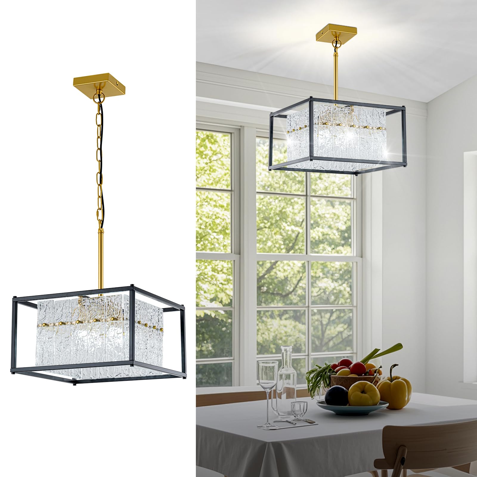 4-Light Modern Square Pendant Light Fixture, Black And Gold Crystal Chandelier With Water Ripple Glass Shades, Farmhouse Adjusta