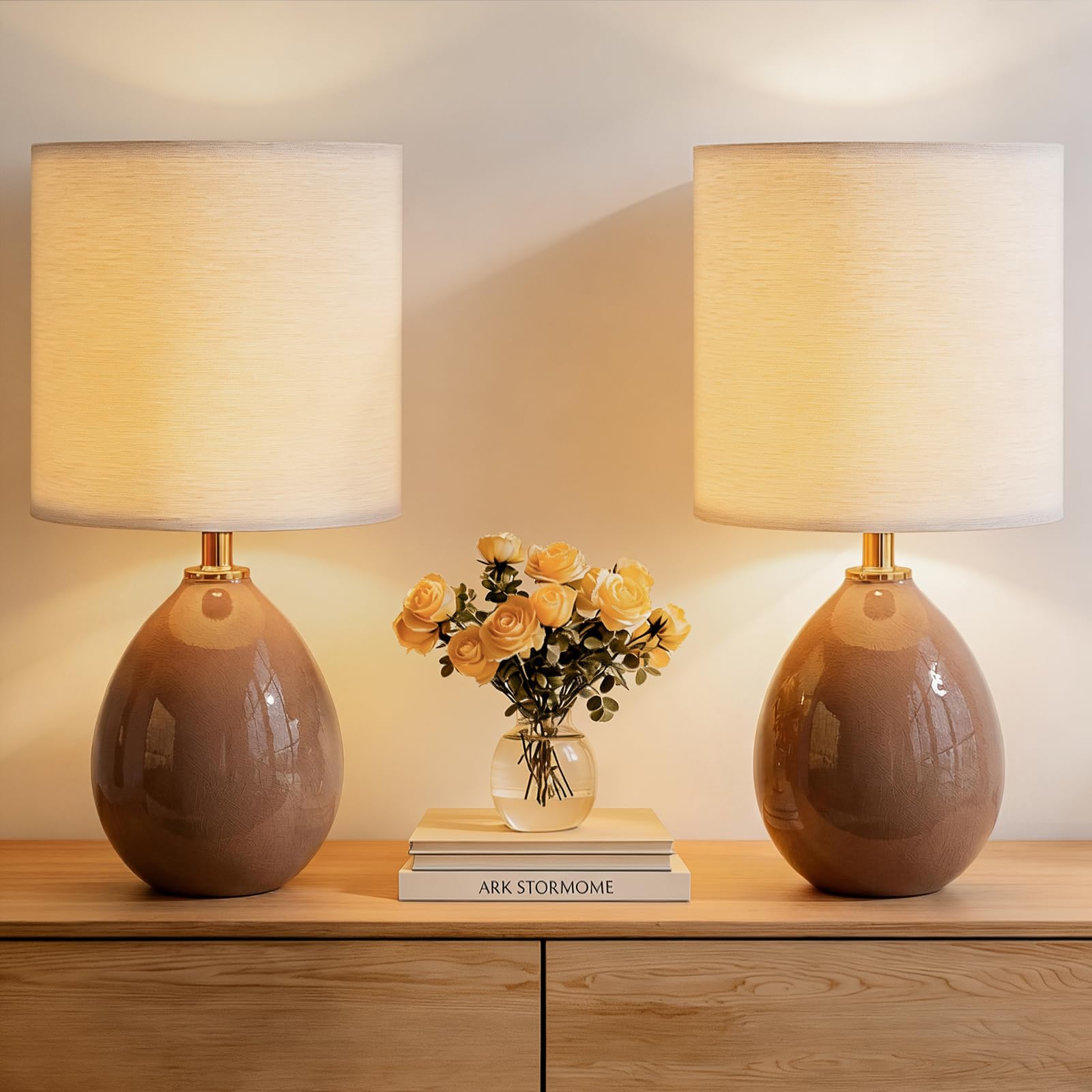 Dawnwake 18.5 Table Lamp Set of 2 for Living Room Bedroom  Bedside Lamps for Night Stands  Desk Nightstand Lamp Dimmable  Modern Linen Cream Ceramic Lamps (Coffee)