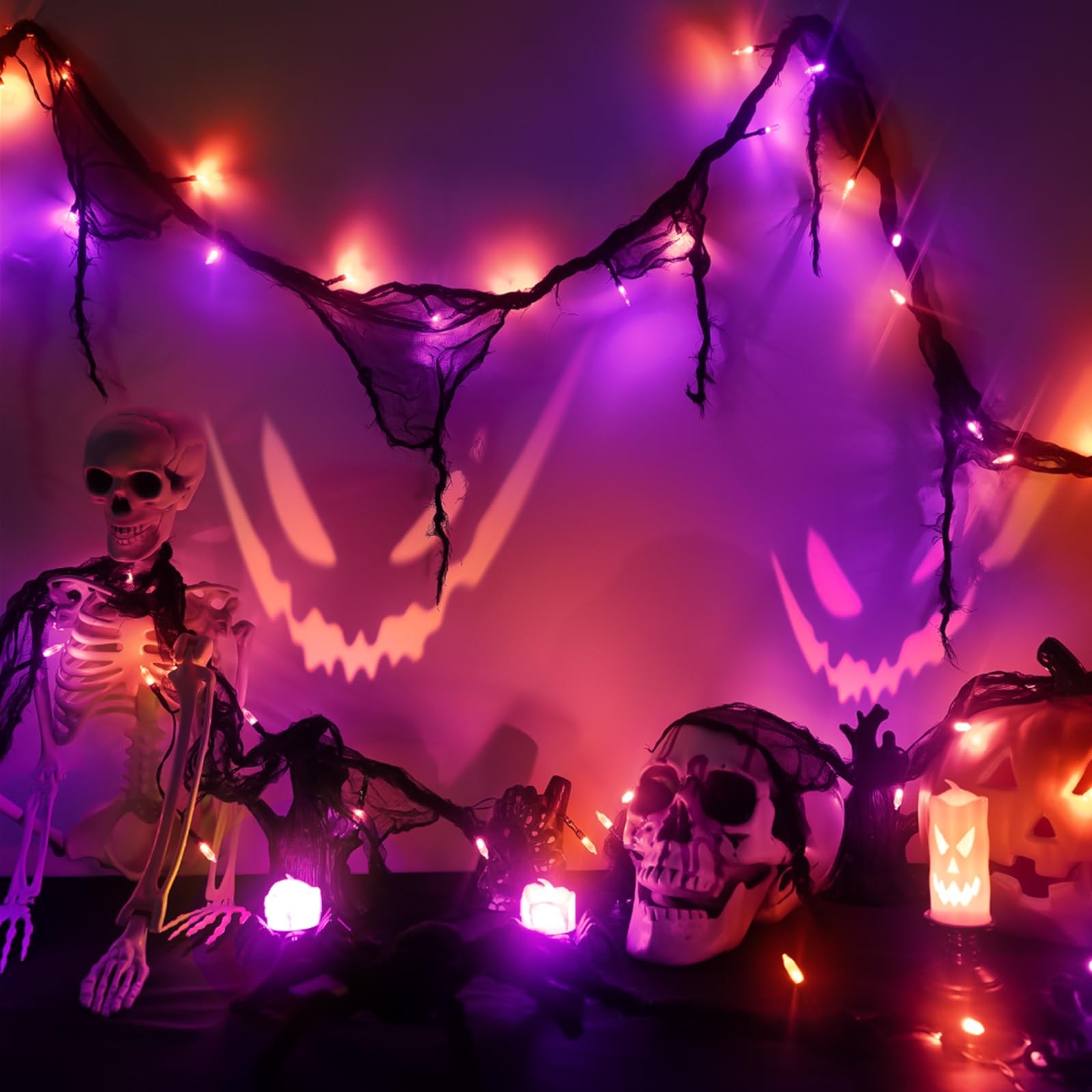 Halloween Horror Atmosphere Lights  Orange&Purple Led String Lights With 9.9Ft Creepy Black Gauze  Battery Powered With Timer & 8 Flashing Modes (Orange & Purple)