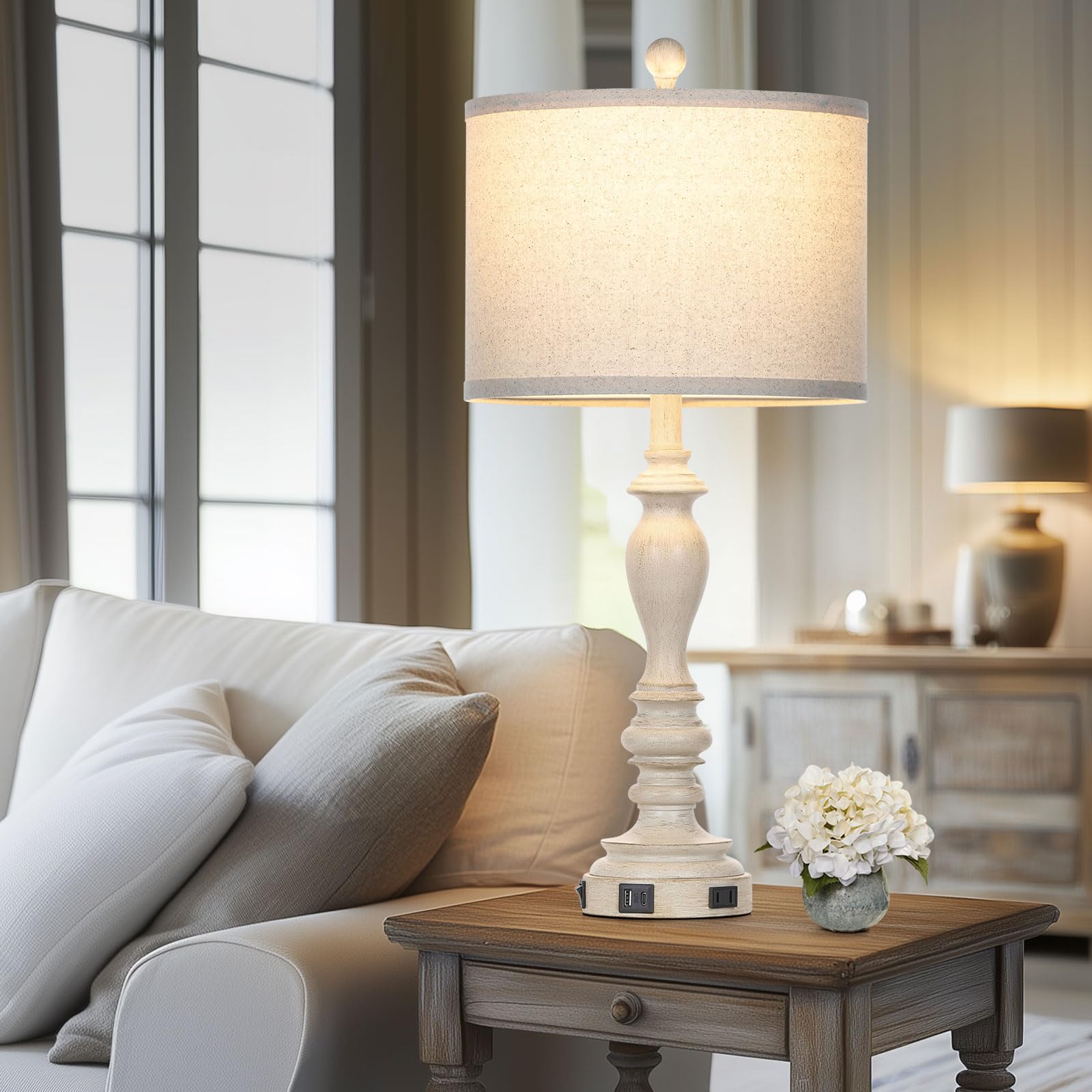 Cinyirong 27.5'' Single Table Lamp For Living Room, Farmhouse Bedside Lamps With Usb A+C Charging Ports For Bedroom Kids Room Do