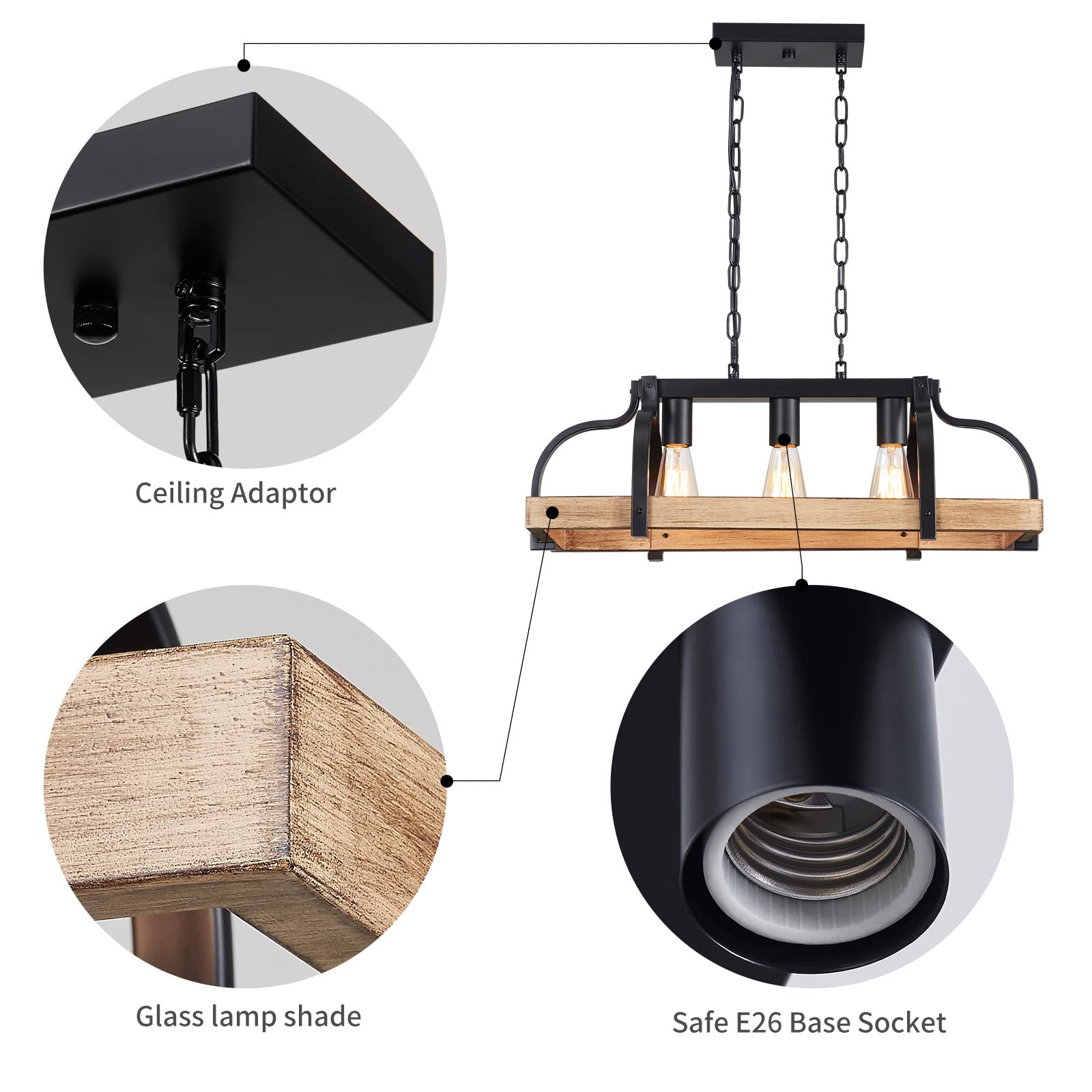 WUZUPS 3-Light Metal Pot Hanging Rack Chandelier, Rustic Farmhouse Pendant Light, 24.8" L, Imitation Light Wood Grain & Black Finish