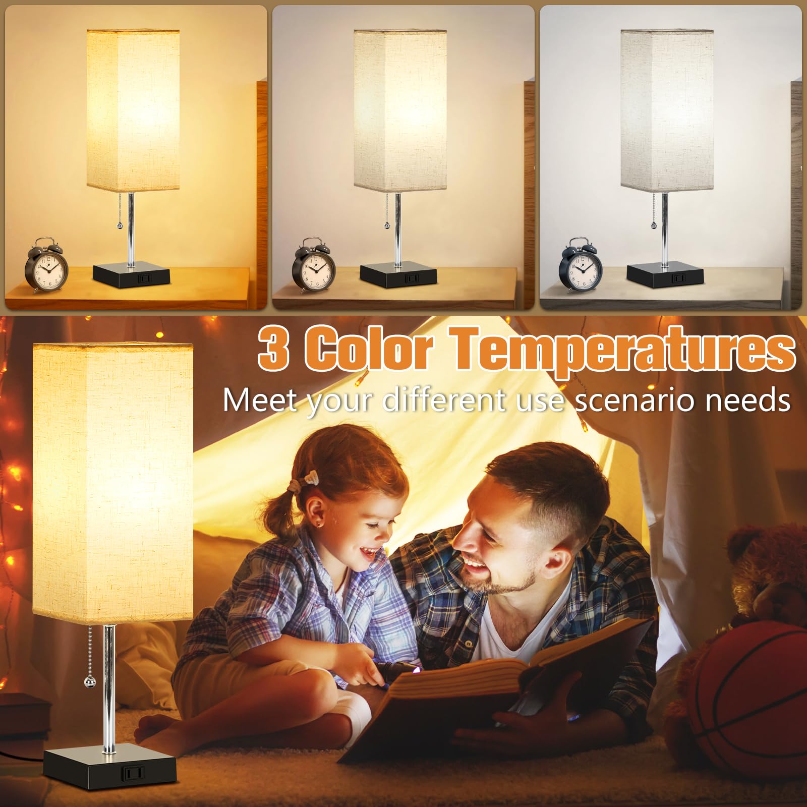 Table Lamp For Bedroom Set Of 2, Bedside Lamps With 3 Color Temperatures Night Light, Lamp For Night Stands With Ac Outlet And S