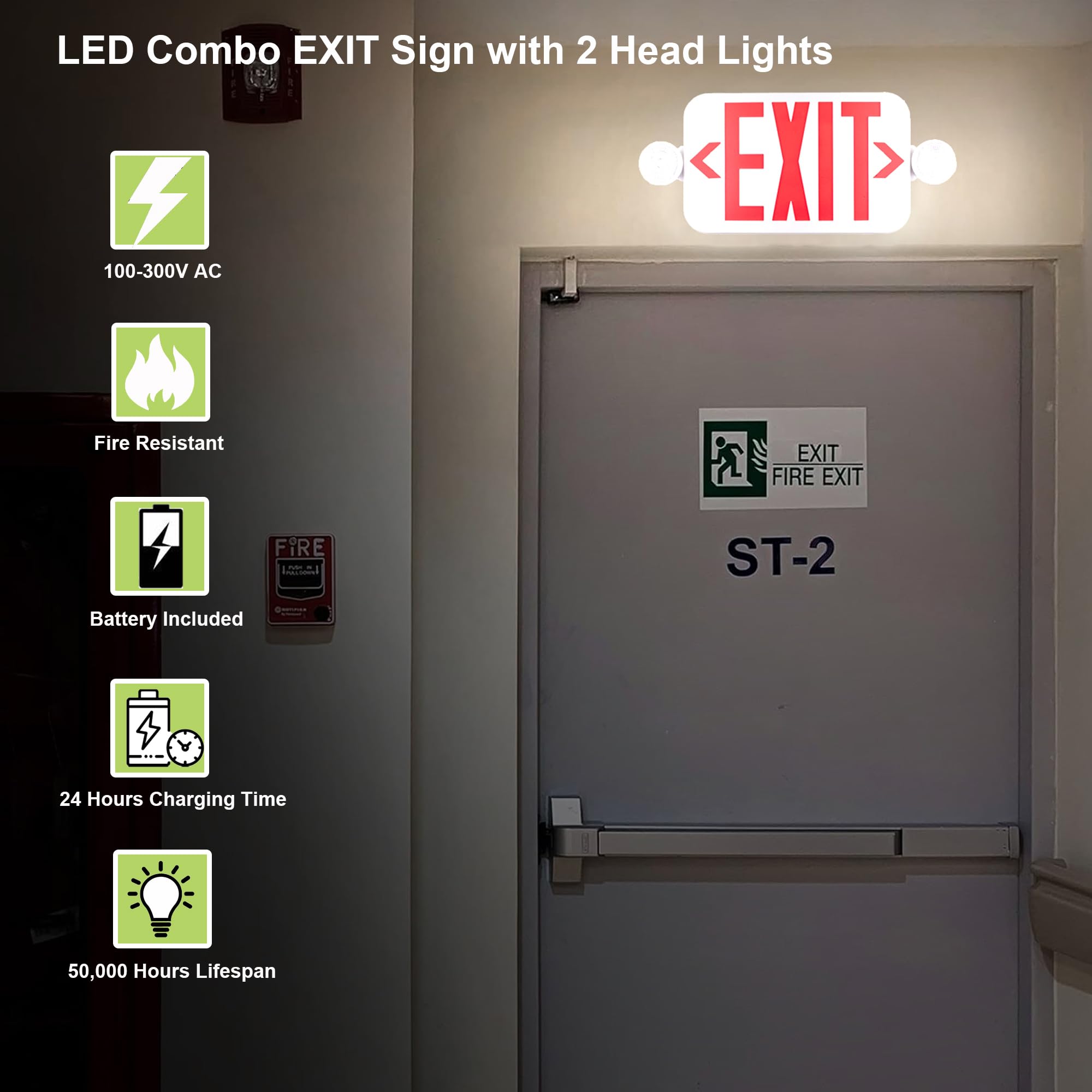 Lit-Path Led Combo Exit Sign With 2 Adjustable Head Lights And Doube Face, Back Up Batteries- Us Standard Red Letter Emergency Exit Lighting, Ul 924 And Cec Qualified, 120-277 Voltage, 1-Pack