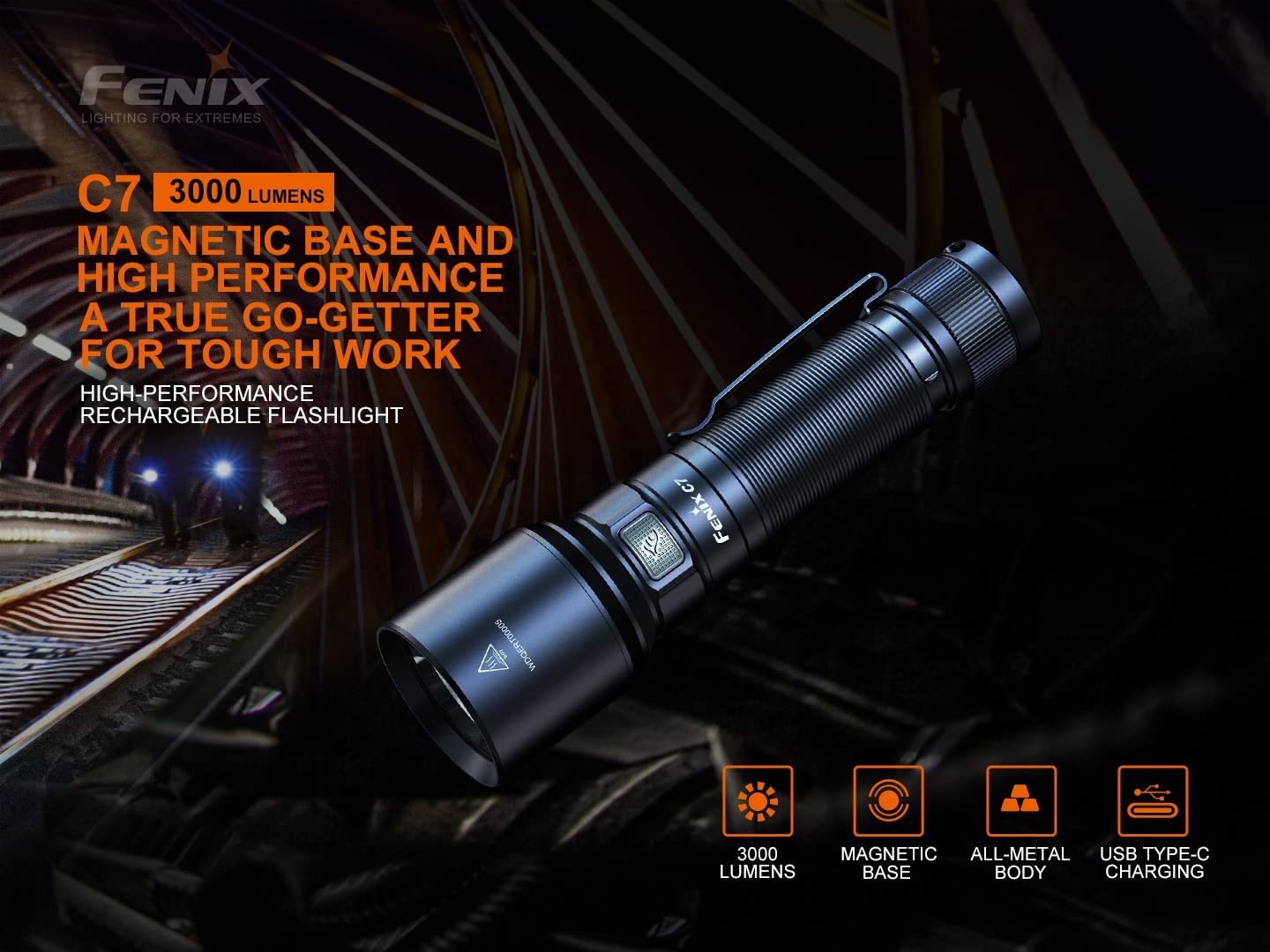 Fenix C7 Rechargeable Flashlight, 3000 Lumen, USB-C Fast Charging, Aluminum, Black, Model C7+ORG217