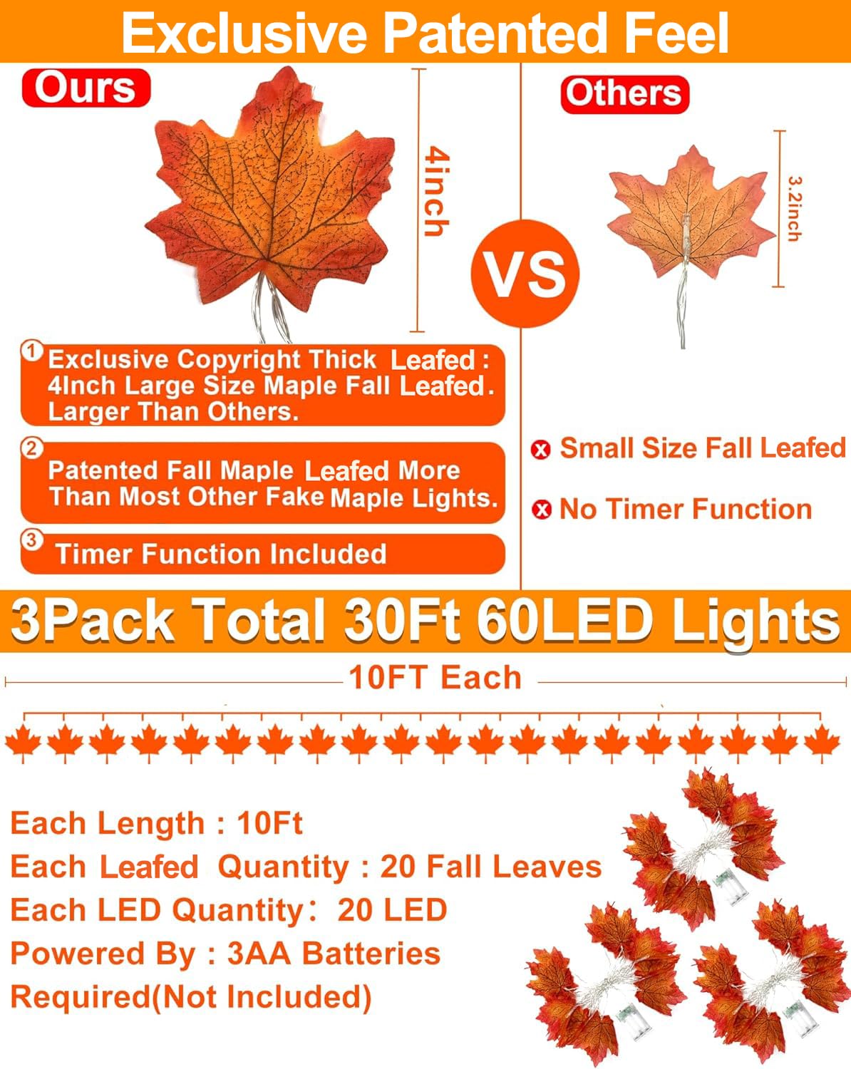 [ Timer & 3 Pack ] 30Ft Fall Garland Thanksgiving Decorations For Home 60 Led Leafed Lights Patented Realistic Maples Leafed Battery Operated Autumn Fall Halloween Thanksgiving Decor Indoor Outdoor