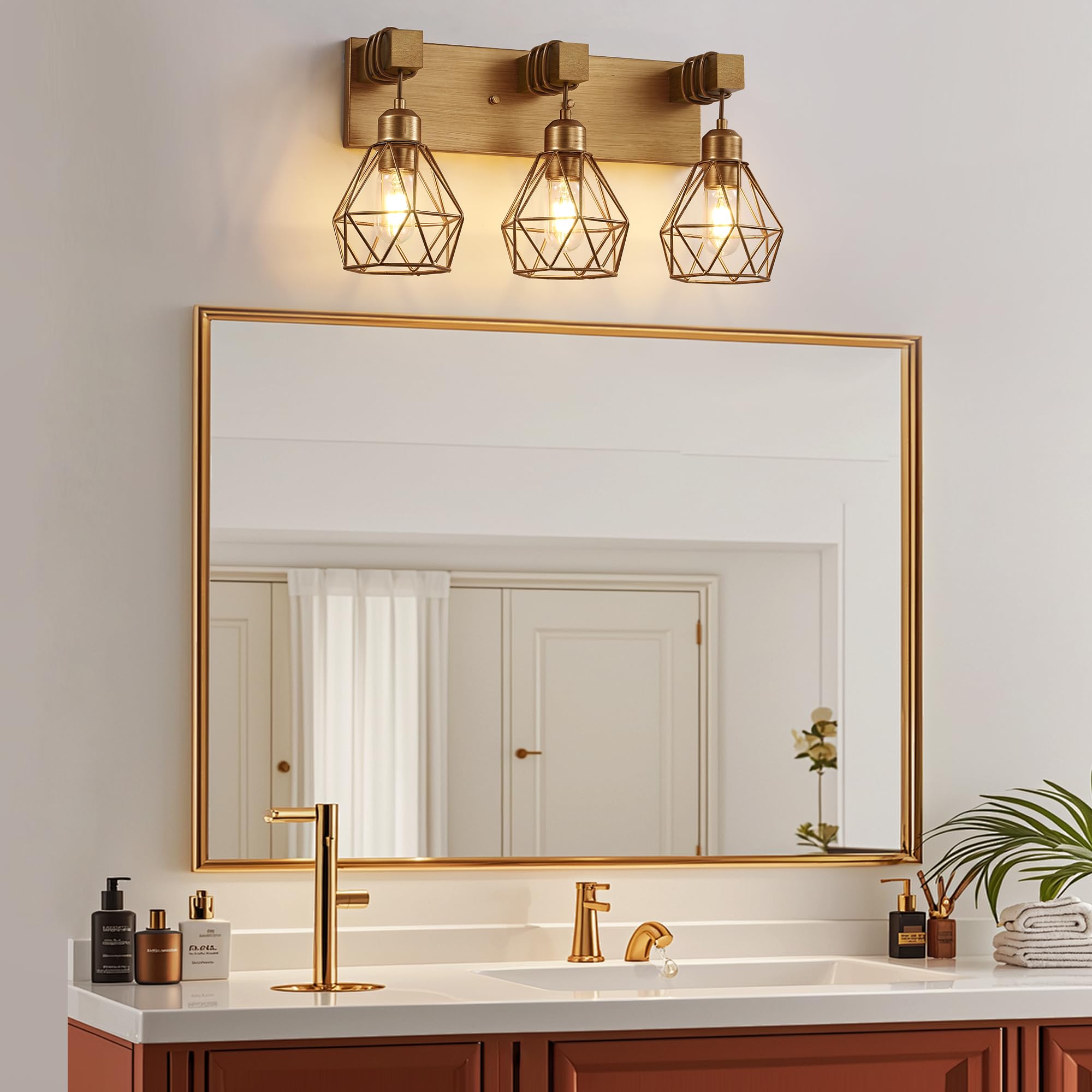 Gold Bathroom Vanity Light Fixtures  3-Light Gold Bathroom Light Fixtures Over Mirror  Sconces Wall Lighting With Elegant Metal Lampshade For Living Room  Bedroom  Hallway