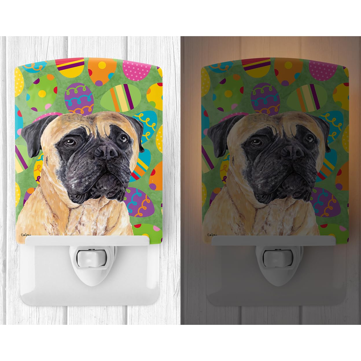 Caroline'S Treasures Sc9465Cnl Mastiff Easter Eggtravaganza Ceramic Night Light Compact, Ul-Certified, Ideal For Bedroom, Bathroom, Nursery, Hallway, Kitchen, 6X4X3, Multicolor