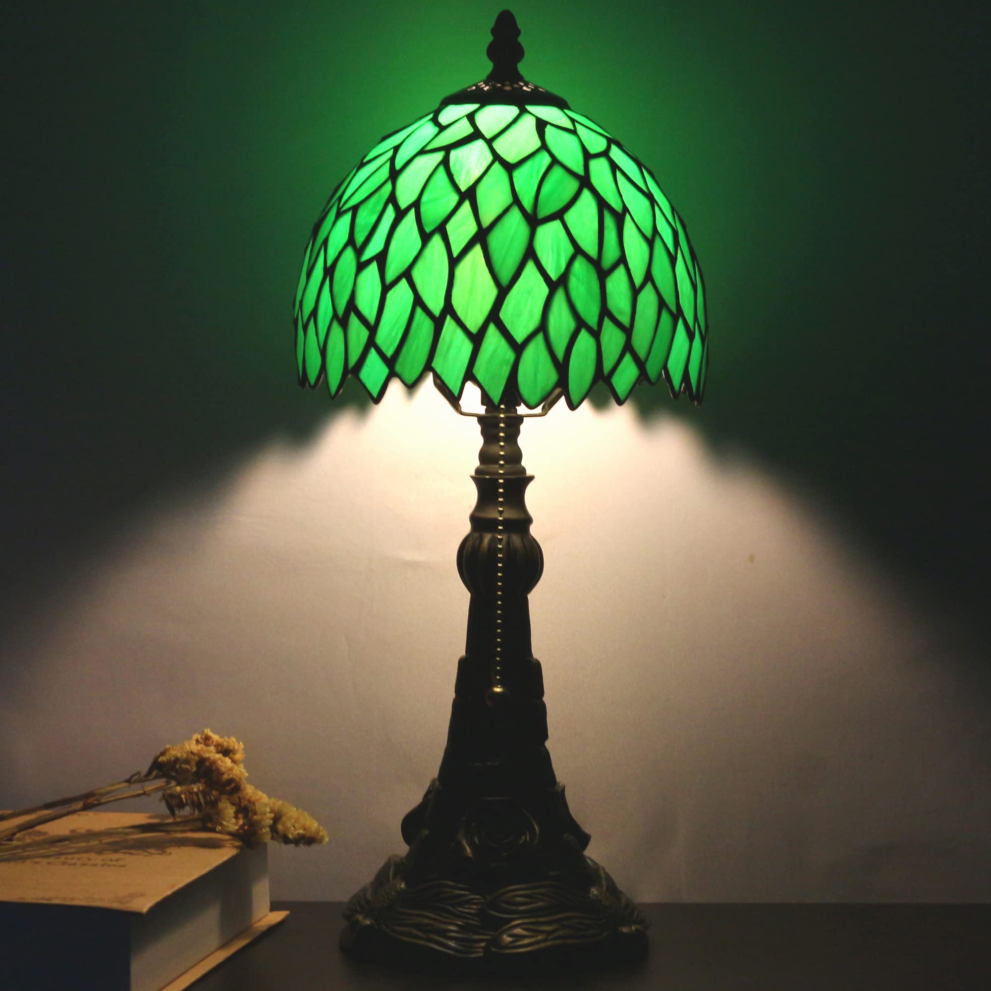 Small Tiffany Lamp Mini Stained Glass Desk Lamp Vintage Table Lamp Tiffany Style Night Light 8X17.5 Inch (Green Wisteria Leaves