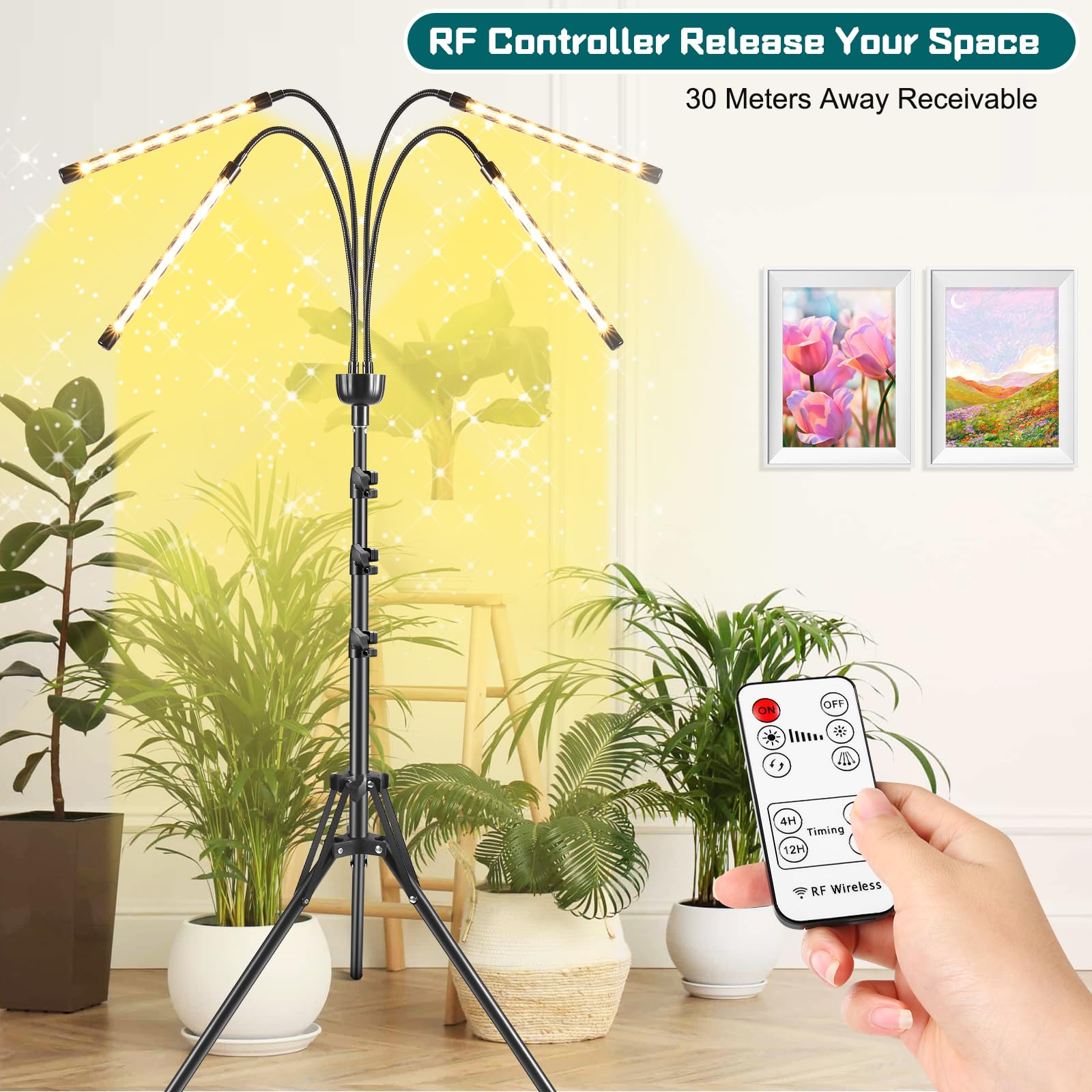 yentbokj Full Spectrum Grow Lights for Indoor Plants, Adjustable Tripod Stand, Timer & Remote Control, 15-63 inches