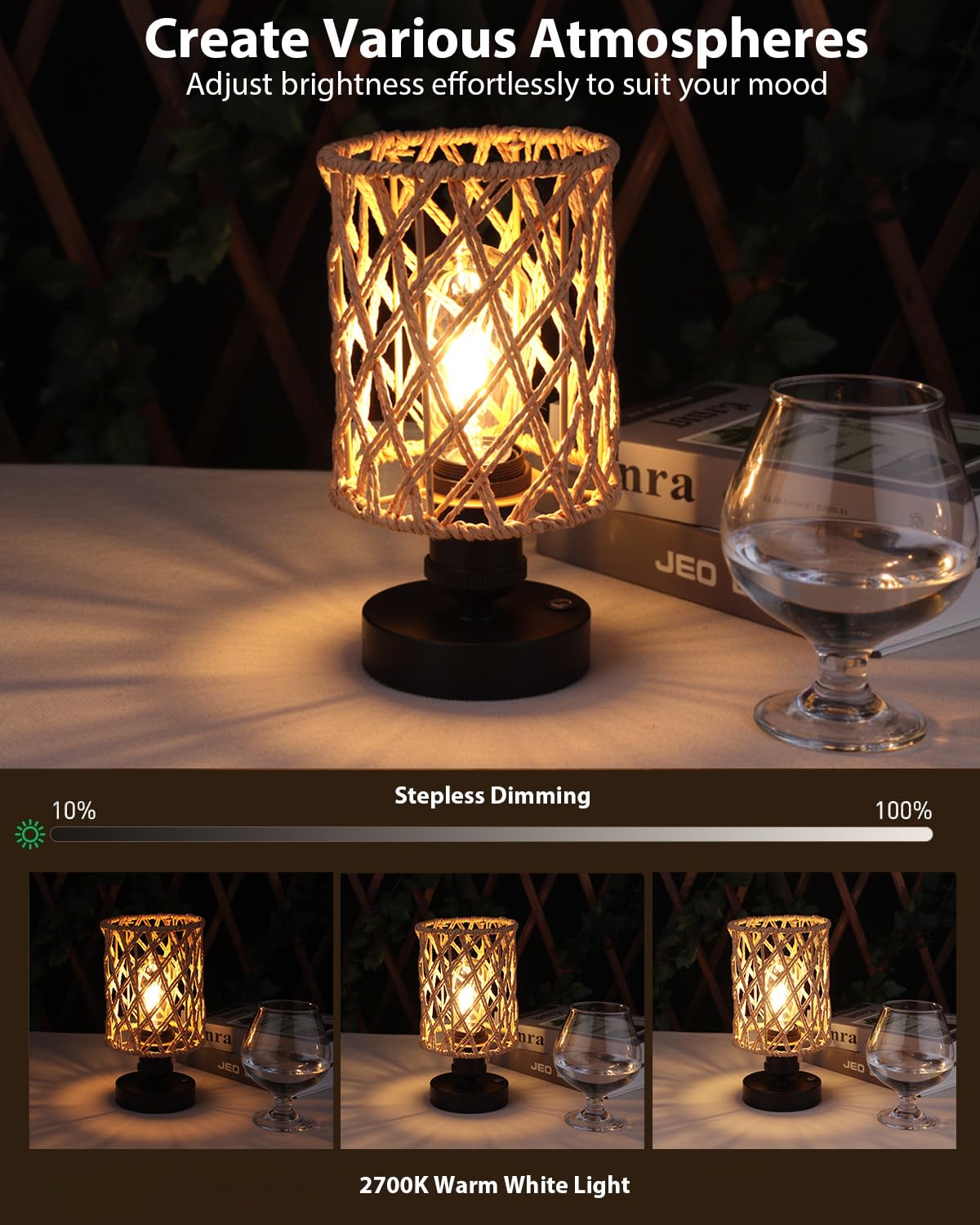 ALL FORTUNE Cordless Outdoor Table Lamps Set of 2, Rechargeable, Rattan Boho, Beige-A, Model KF130689