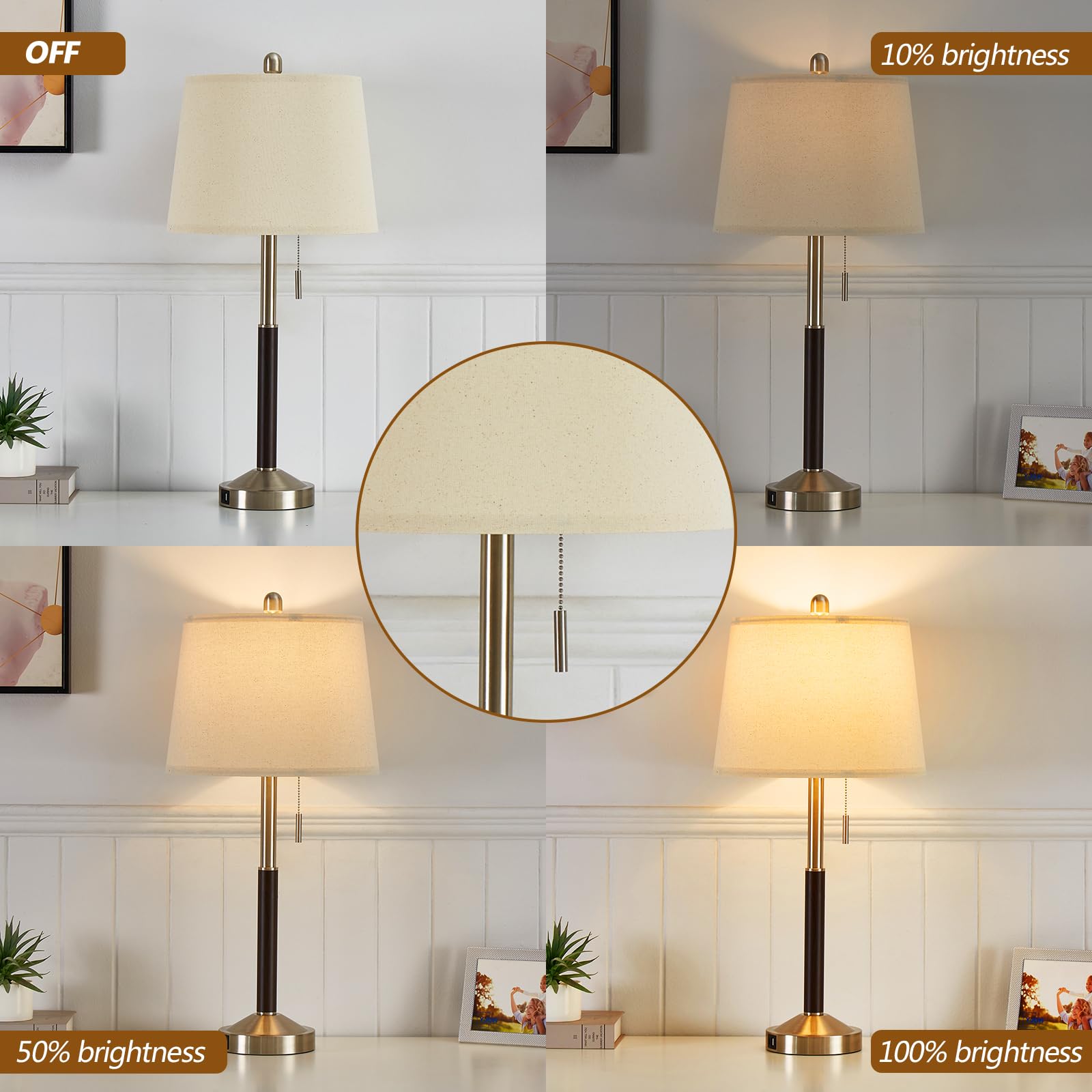 YAMEIWAN 28" Silver Bedside Lamps Set of 2 - Modern USB Charging, 3-Way Dimmable with Pull Chain Switch - Model S28-CHAIN