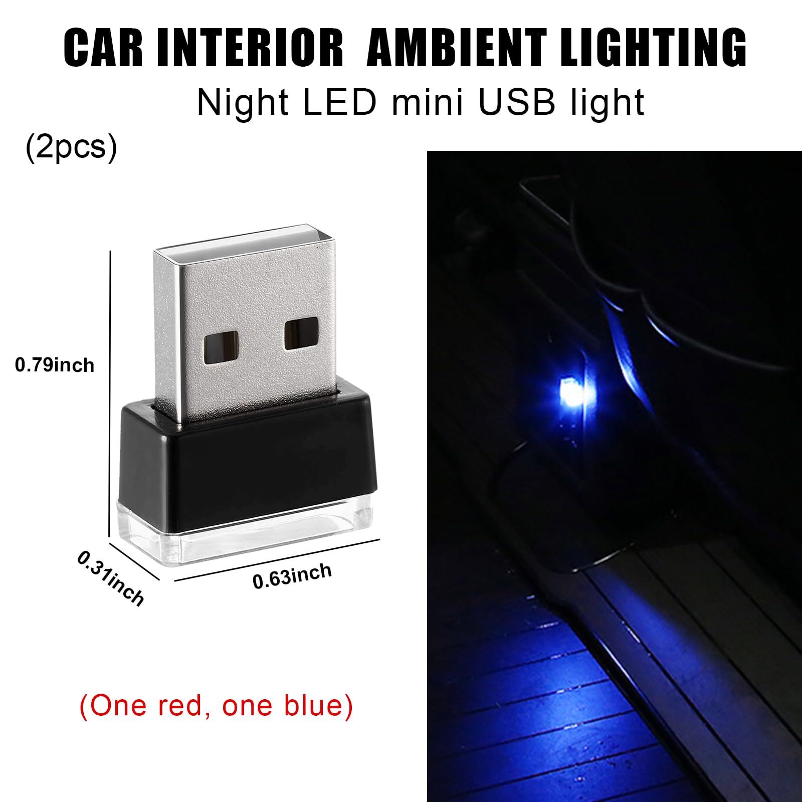 Sylvil 2 Pcs Usb Led Car Interior Atmosphere Lamp  Portable Mini Led Night Light  Plug-In Usb Interface Trunk Ambient Lighting Kit  Universal Interior Car Accessories (Red+Blue)