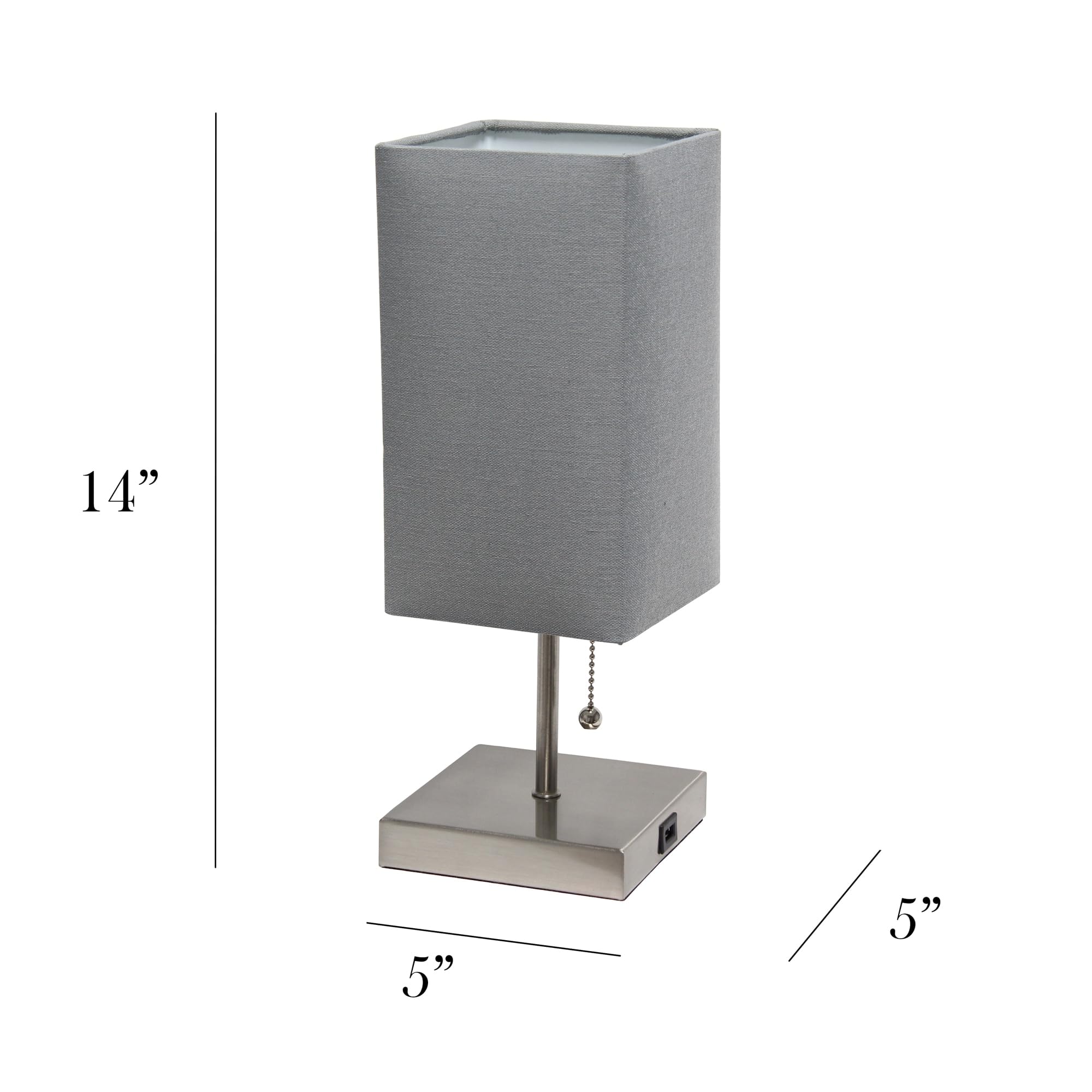 Simple Designs Lt1087-Gry Petite Brushed Nickel Usb Charging Bedside Night Stand Table Lamp Pull Chain Switch, Gray Fabric Shade