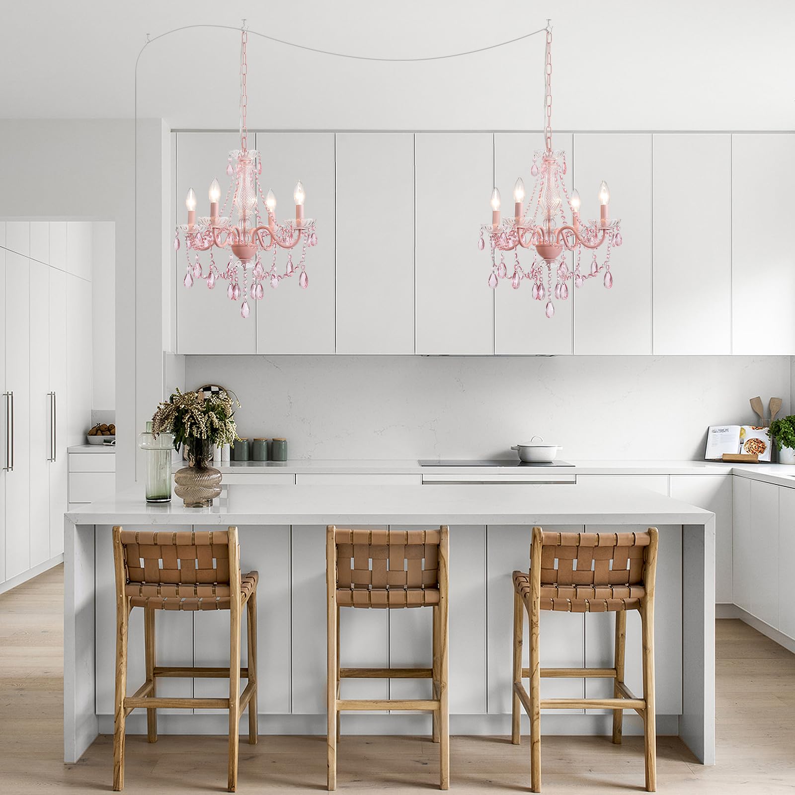 Plug In Crystal Pink Chandelier, (Not Acrylic Crystal),Mini 4 Lights For Girls Room,Pink Crystal Hanging Pendant Light With Clea