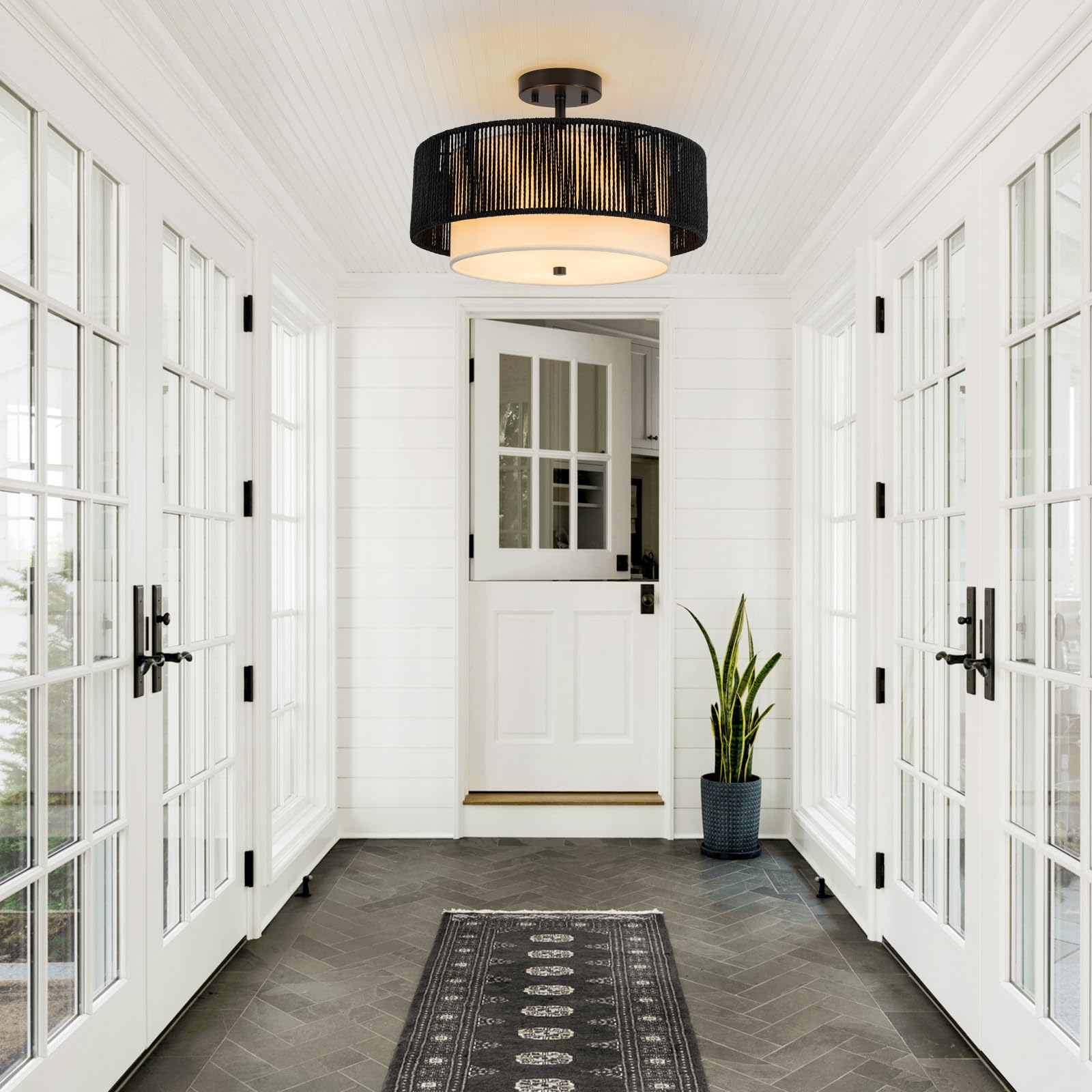 Sinerise 16'' Rattan Flush Mount Ceiling Light Fixture,2-Tier Drum Hand-Woven Boho Flush Mount Ceiling Light,Farmhouse Light Fix