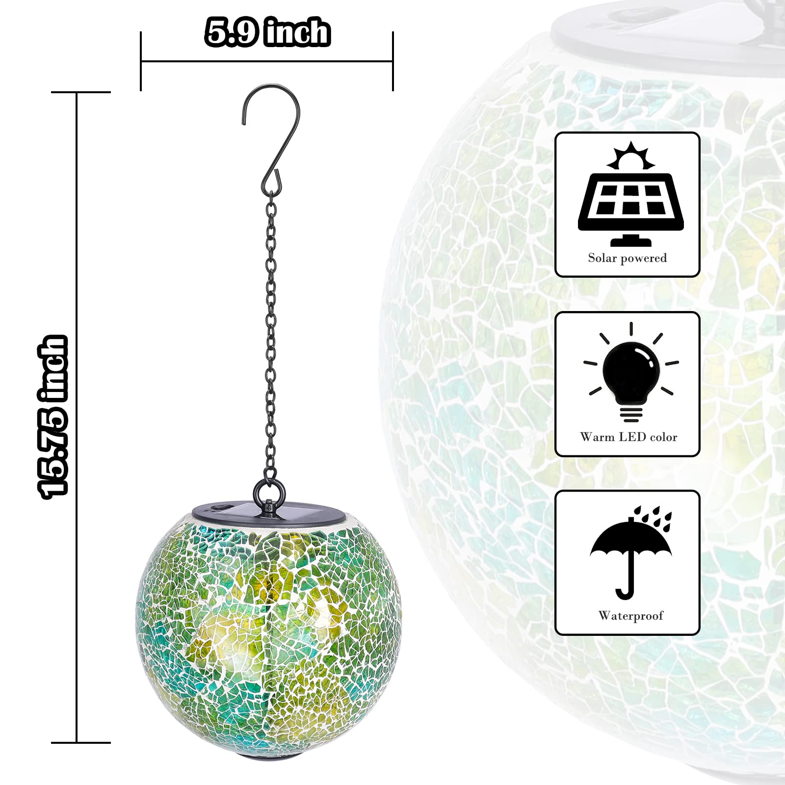 Wonder Solar Green Solar Hanging Lantern - Waterproof Mosaic Gazing Ball For Garden & Patio Decor