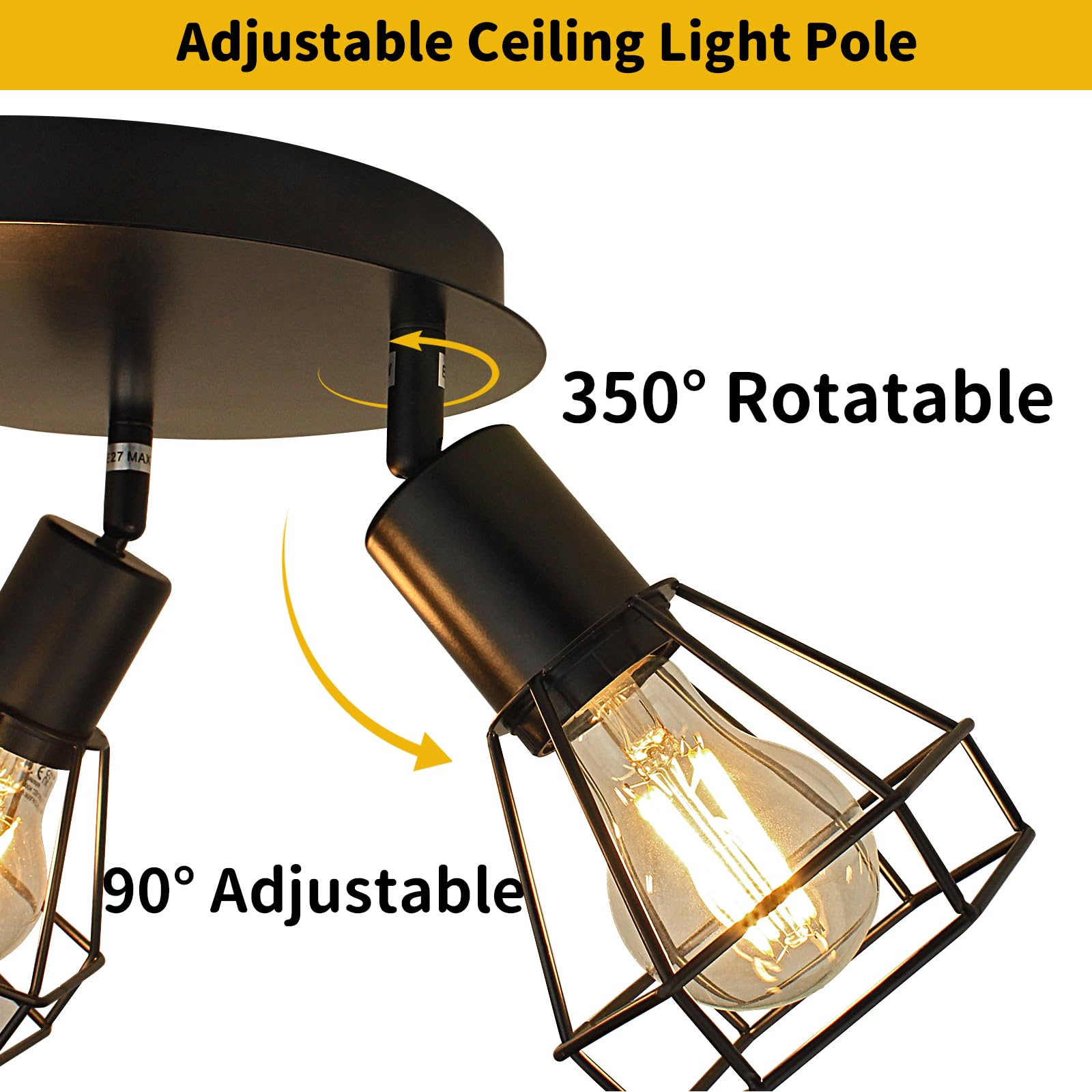 Hibay Led Track Lighting Fixtures, 3-Light Adjustable Directional Ceiling Light, Black Geometric Metal Cage Industrial Spotlight