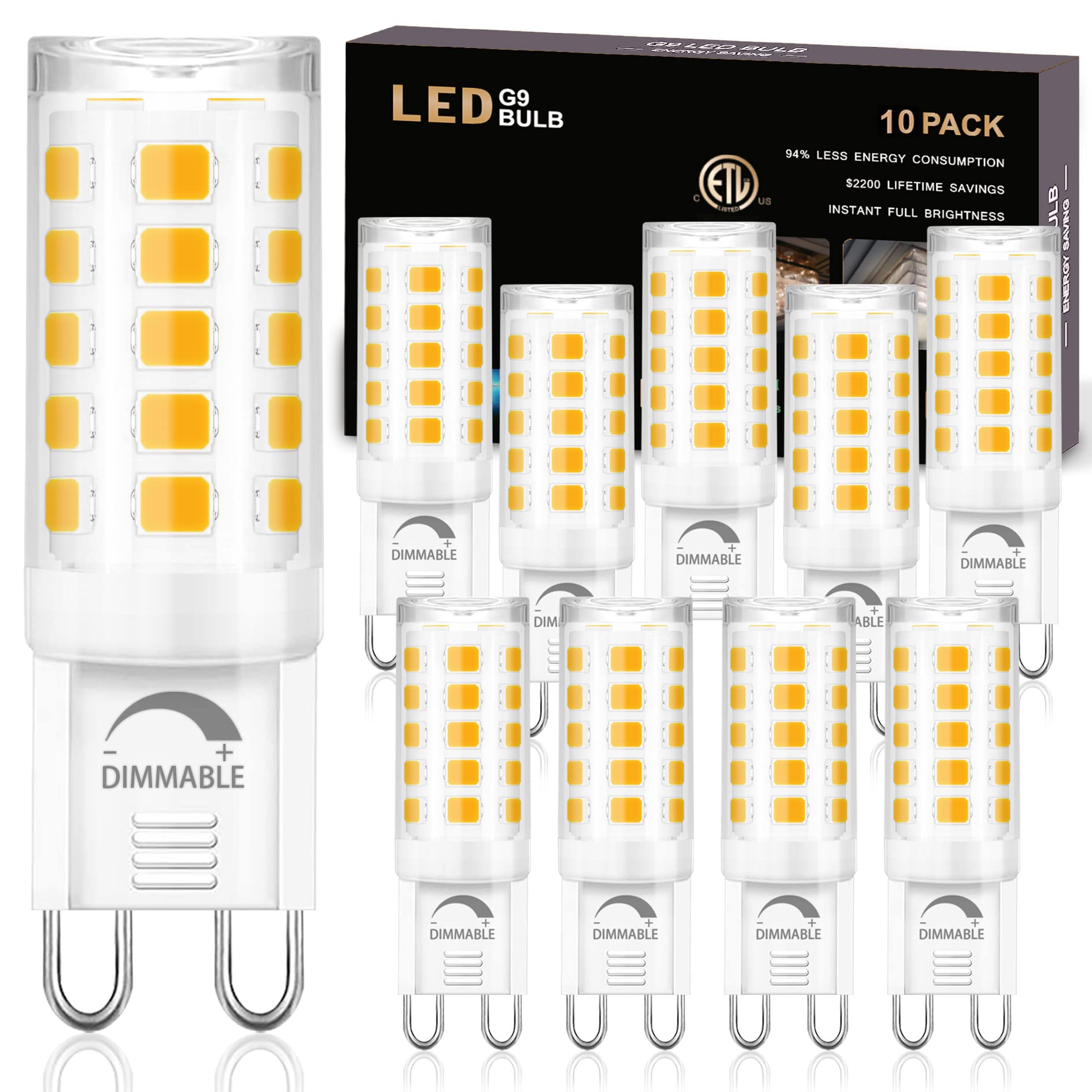 winshine 10 Pack Dimmable G9 LED Light Bulb 3000K Warm White, 4W G9 Base Chandelier Light Bulb Soft White, T4 40Watt Halogen Replacement G9 Bi Pin Base, CRI85 120V 360° Beam Angle