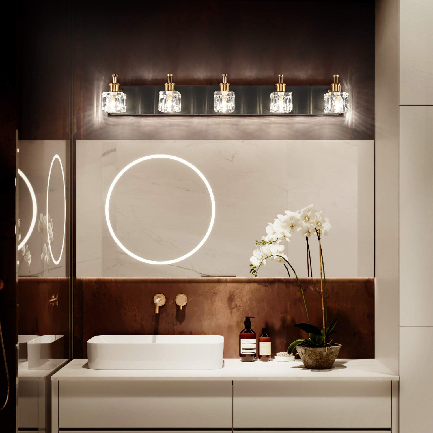 PRESDE Black Bath Vanity Light Fixture - Modern 5-Light Sconce, Glass Shade, Matte Black, Model 7770-5T