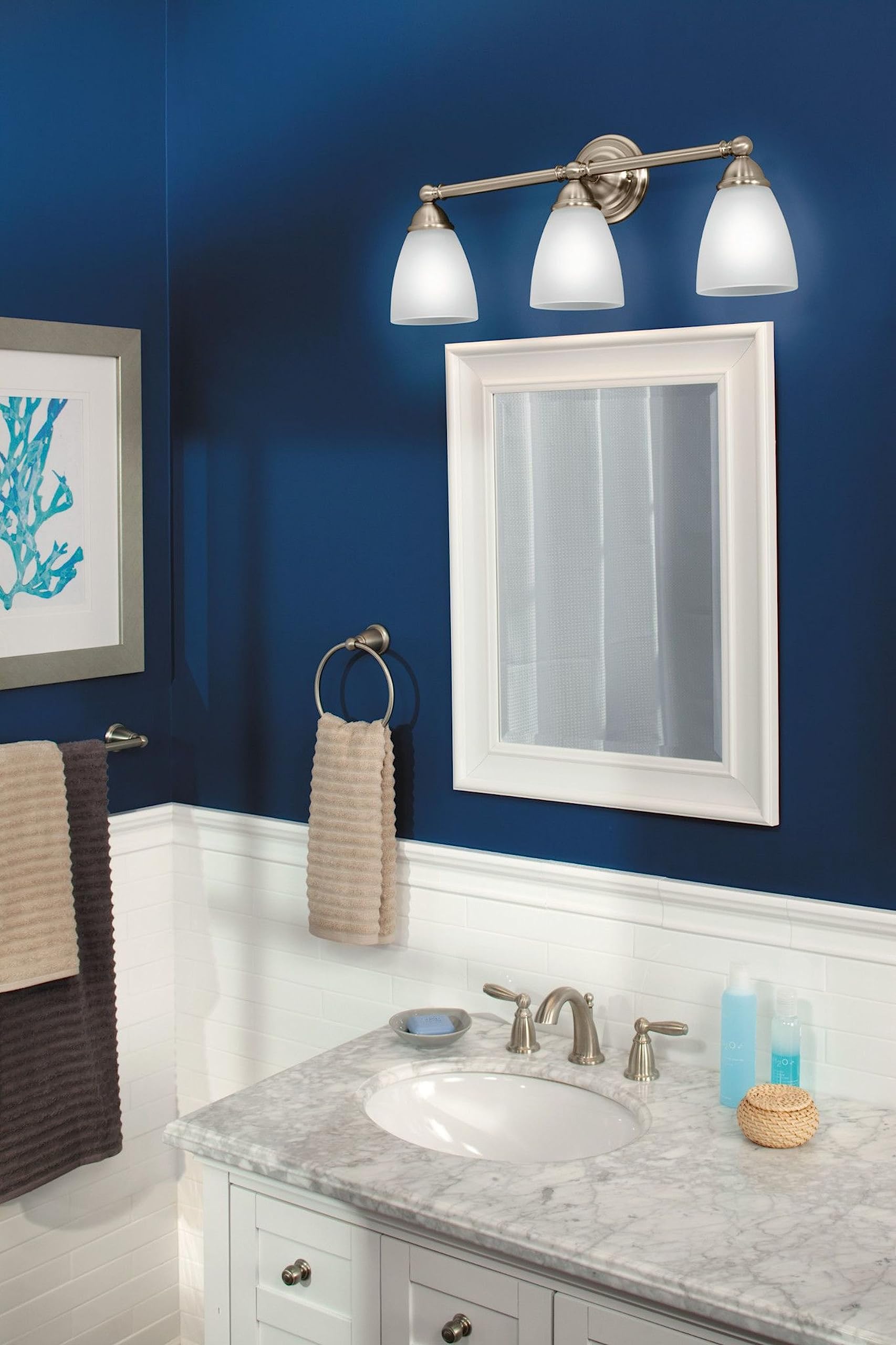Moen Brantford 3-Light Bath Vanity Fixture, Chrome, Model YB2263CH, Dual-Mount with Frosted Glass
