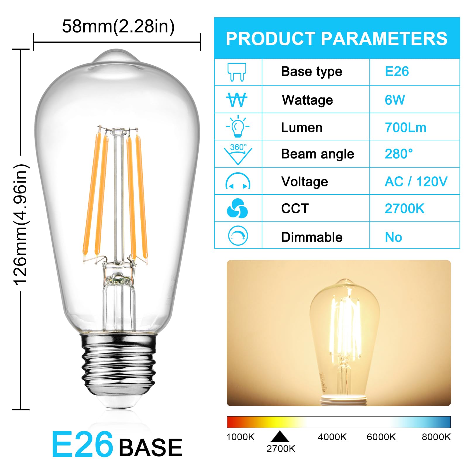 Ascher Vintage LED Edison Bulbs, 6W Equivalent, Warm White 2700K, Clear Glass, 8 Count, Non-Dimmable