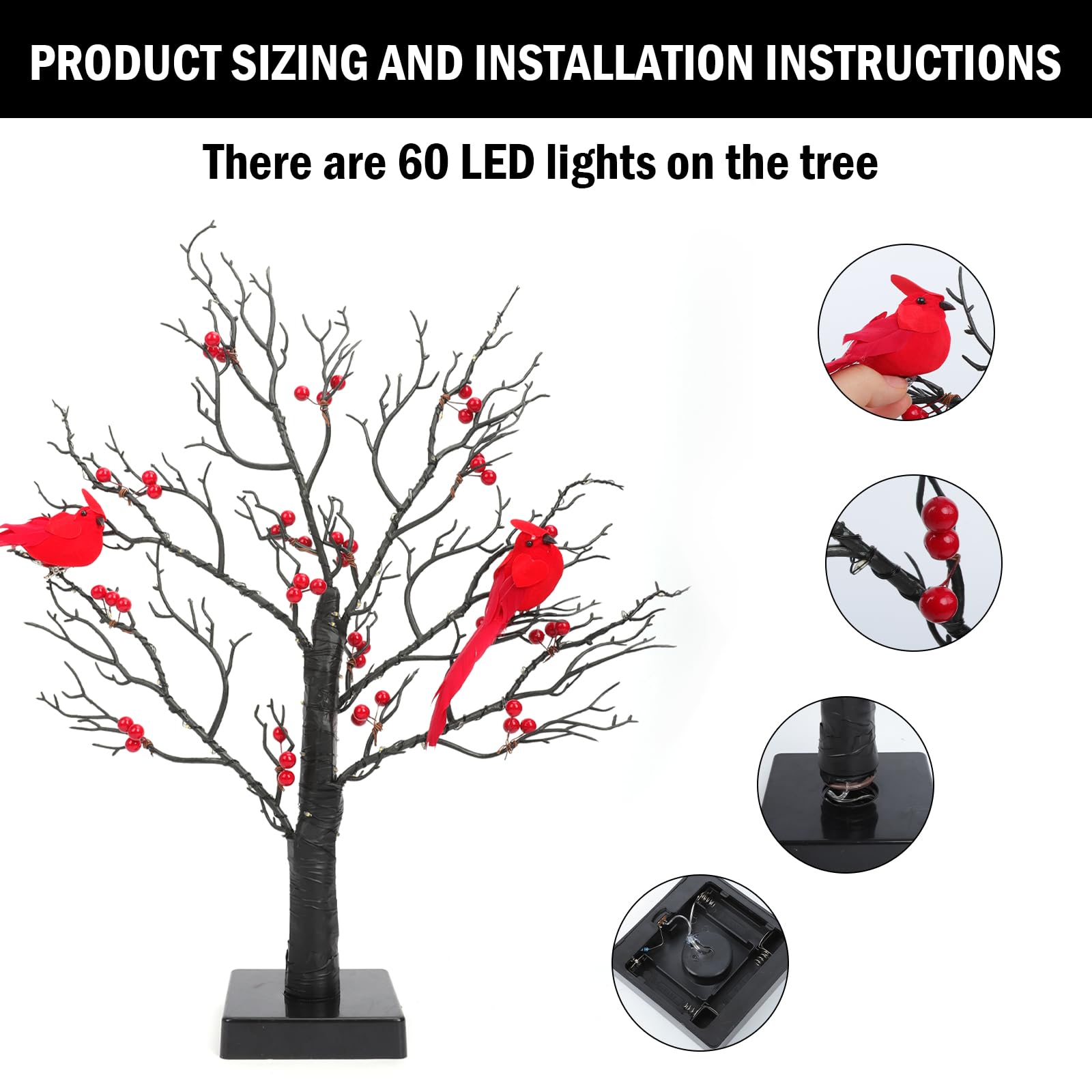 NKDFRI Vintage LED Glowing Tree, 6in Black, Battery Operated, Copper Wire with Cardinals & Red Berries - Holiday Decor