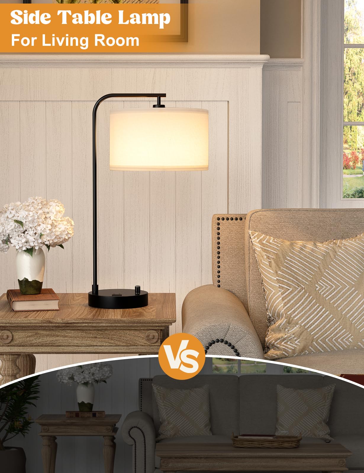 White Side Table Lamp With Usb Port And Outlet, Dimmable Nightstand Bedside Lamps With Linen Lampshade, Desk Lamp For Bedroom, L