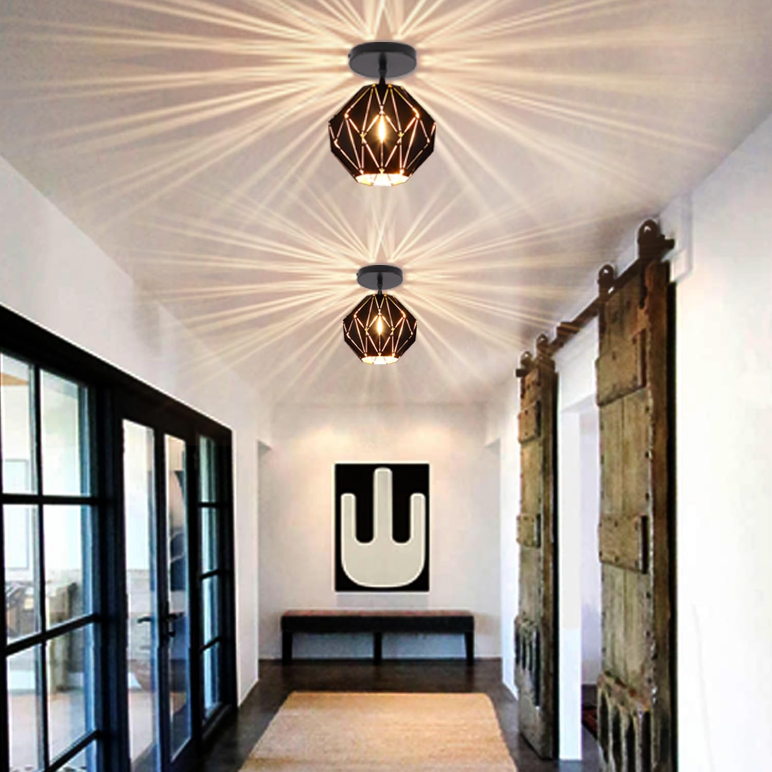 Baunoisk Industrial Vintage Pendant Light, Black Metal, 7.87" Geometric Shade, Retro Farmhouse Ceiling Fixture for Kitchen Island