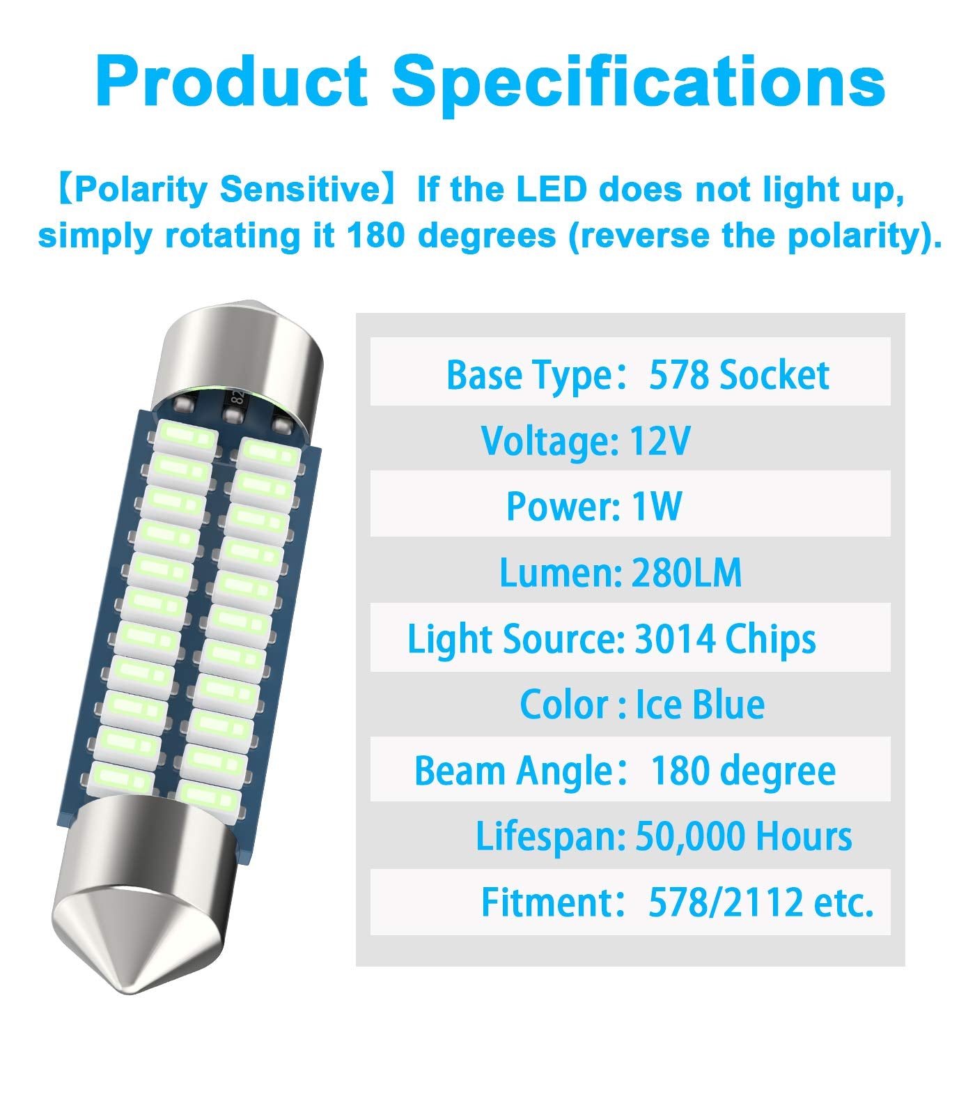 Serundo Auto 578 Led Festoon Bulb 211-2 Led Car Bulb 41Mm 42Mm 1.65In 212-2 Bulb For Car Map Light Dome Light, 22Smd 3014 Chips Interior Led Festoon Bulb,Pack Of 4Pcs Ice Blue Color