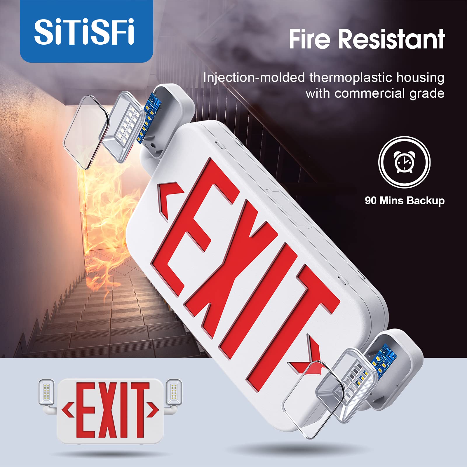 Sitisfi Led Combo Emergency Exit Sign Light With Two Adjustable Head Lights And Backup Battery Exit Light,Us Standard Red Letter Commercial Emergency Exit Lighting,Ul 924,Ac120/277V (4Pack)