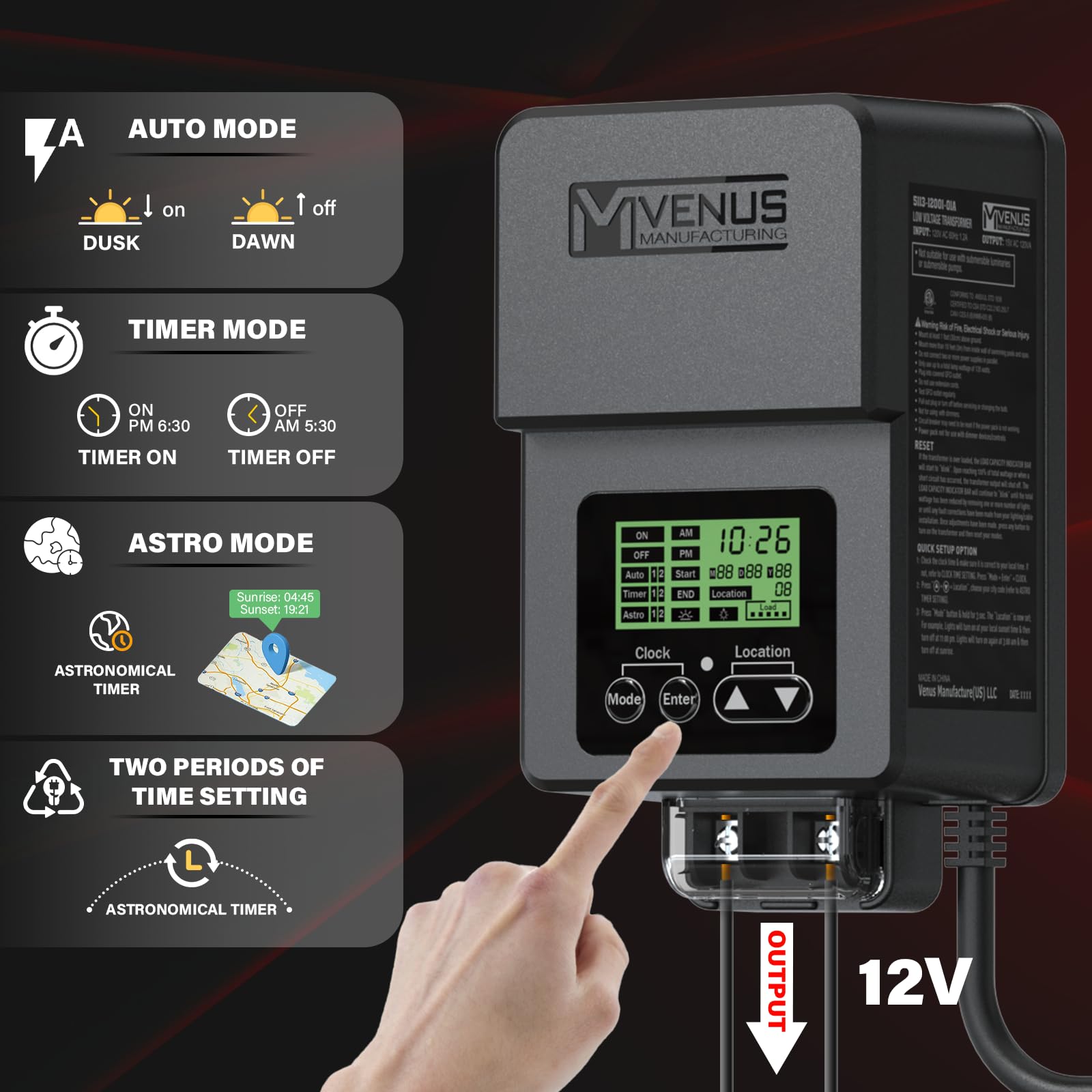 Venus Manufacturing Outdoor Low Voltage Transformer 120W Landscape Lighting Transformer With Timer And Built-In Photo Sensor 120V Ac To 12V Ac For Led Spotlight, Pathway Garden Lighting