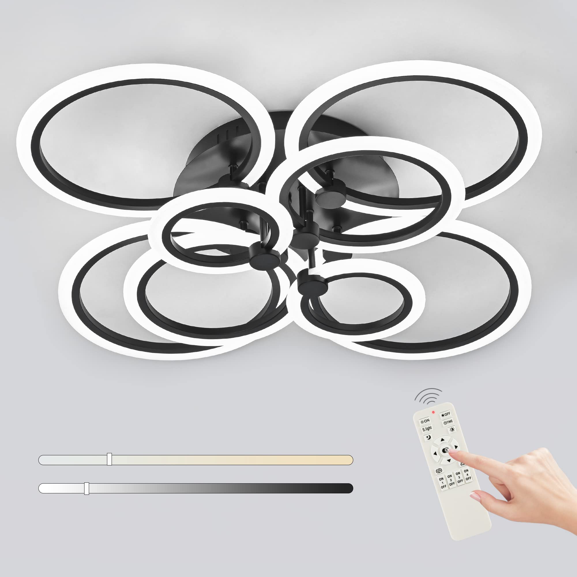 Sjv 8Rings Led Ceiling Light: Dimmable Modern Ceiling Lights Fixture 100W- Black Led Flush Mount Lighting Fixtures Chandeliers For Dining Living Room Bedroom Kitchen 3000K~6500K Change With Remote