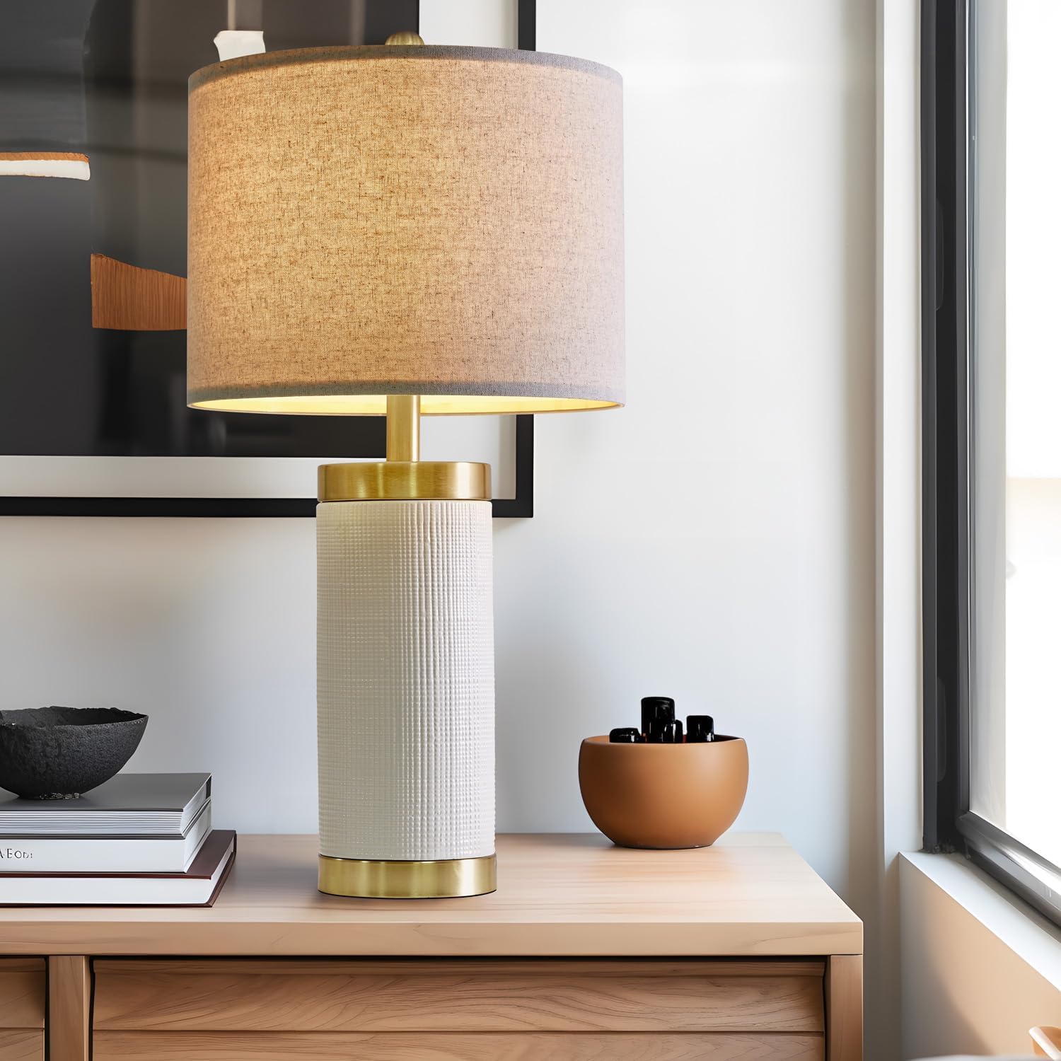 Usumkky 24.5" Modern Ceramic White Single Bedside Lamp For Bedroom Decor Farmhouse Table Lamp For Living Room Office Dorm