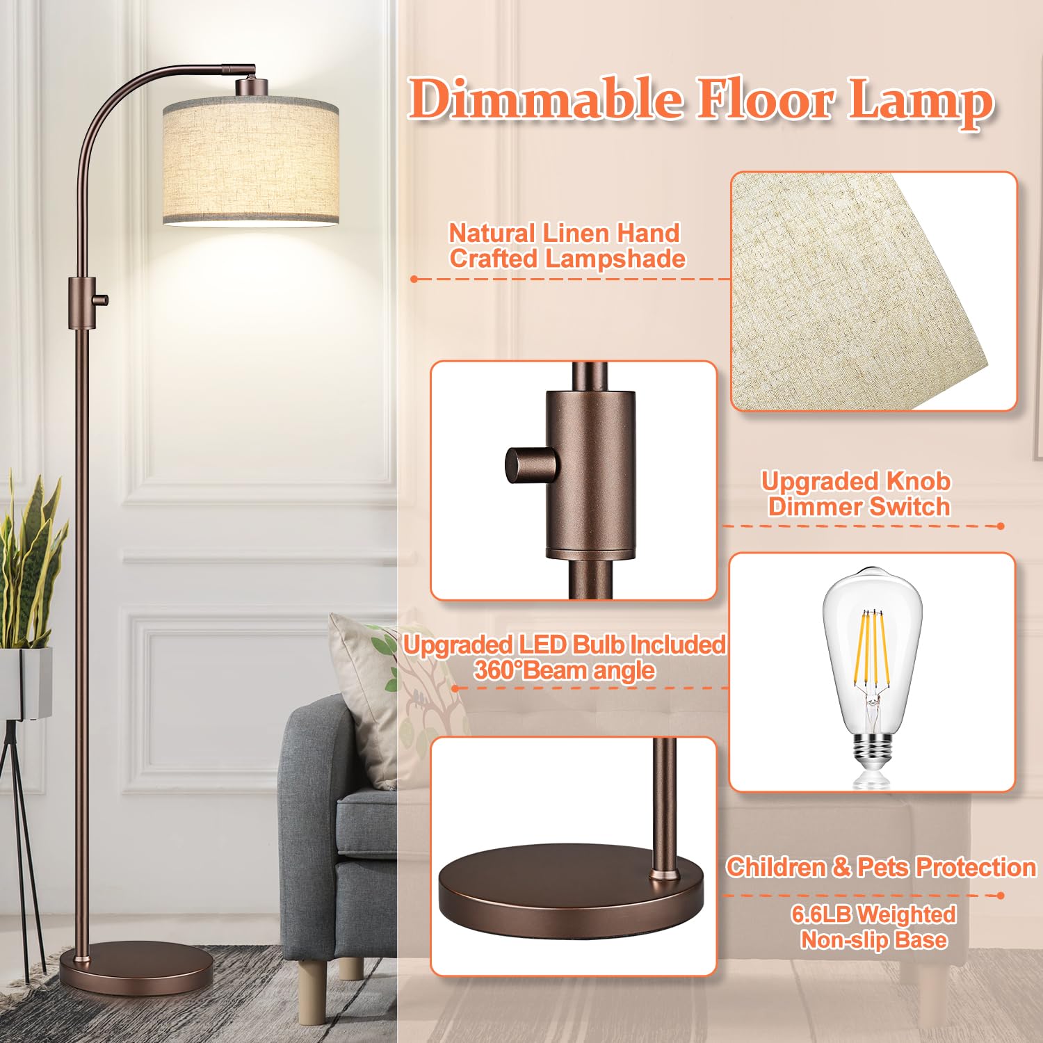 Upgraded Dimmable Floor Lamp, 1200 Lumens Led Bulb Included, Bronw Arc Floor Lamp With Linen Shade For Living Room, Bedroom, Rea