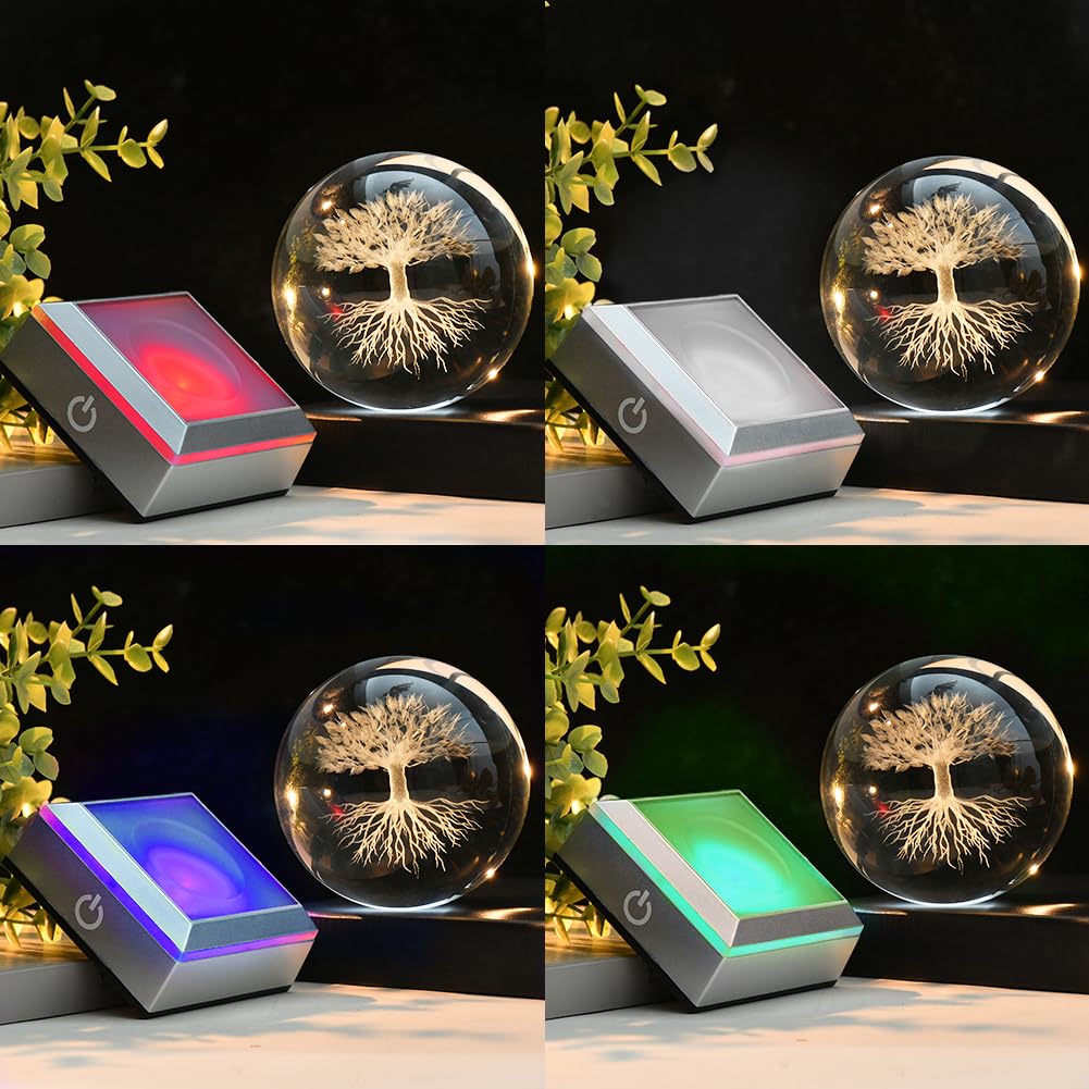 Zrenjhus 80Mm 3D Tree Of Life Crystal Ball With Colorful Light Touch Base Life Tree Night Light Flower Of Life Decor Healing Bal