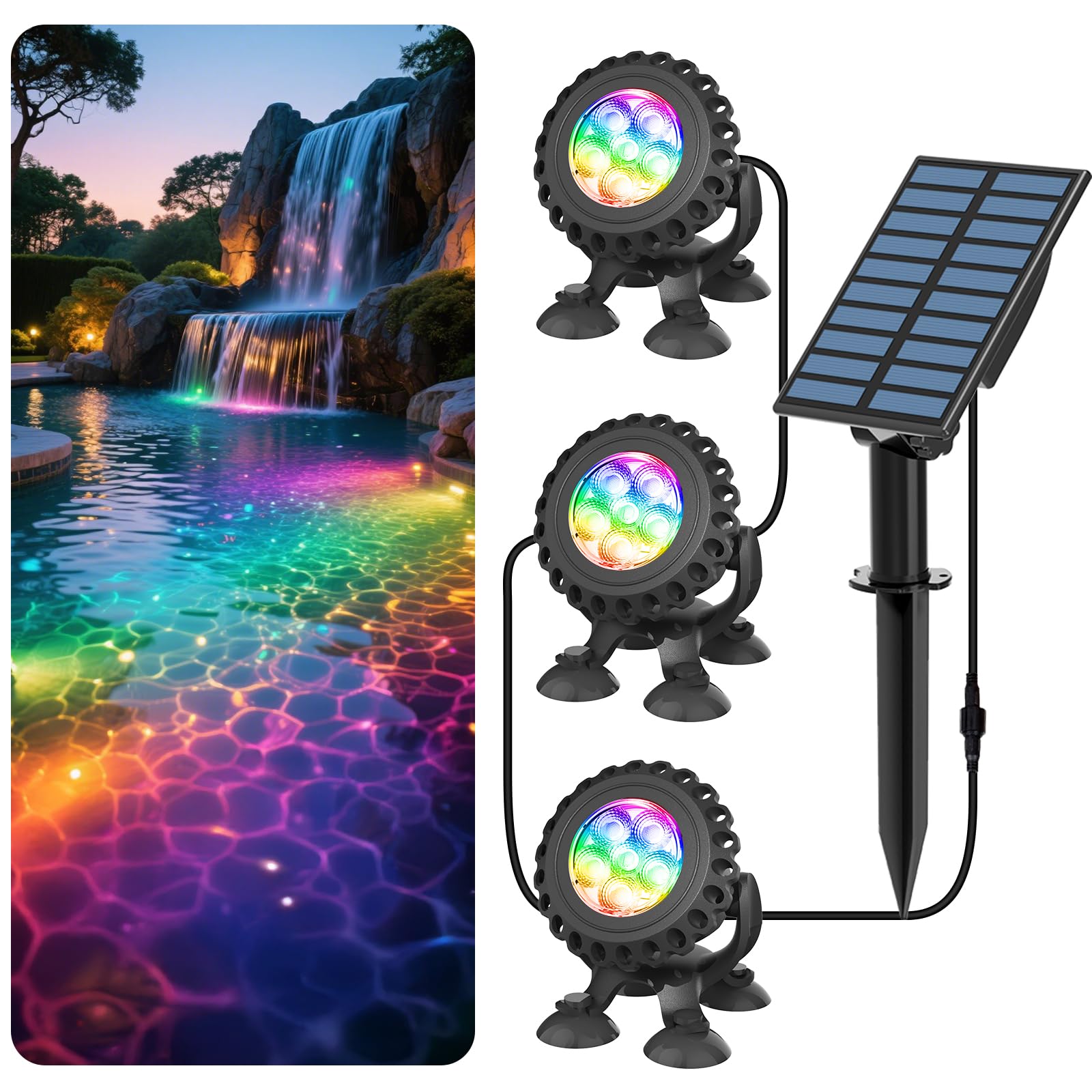 T-SUN Solar Pond Lights, 3-in-1 RGB Solar Underwater Pond Lights, IP68 Waterproof Sustainable Submersible Light for for Pond, Ga