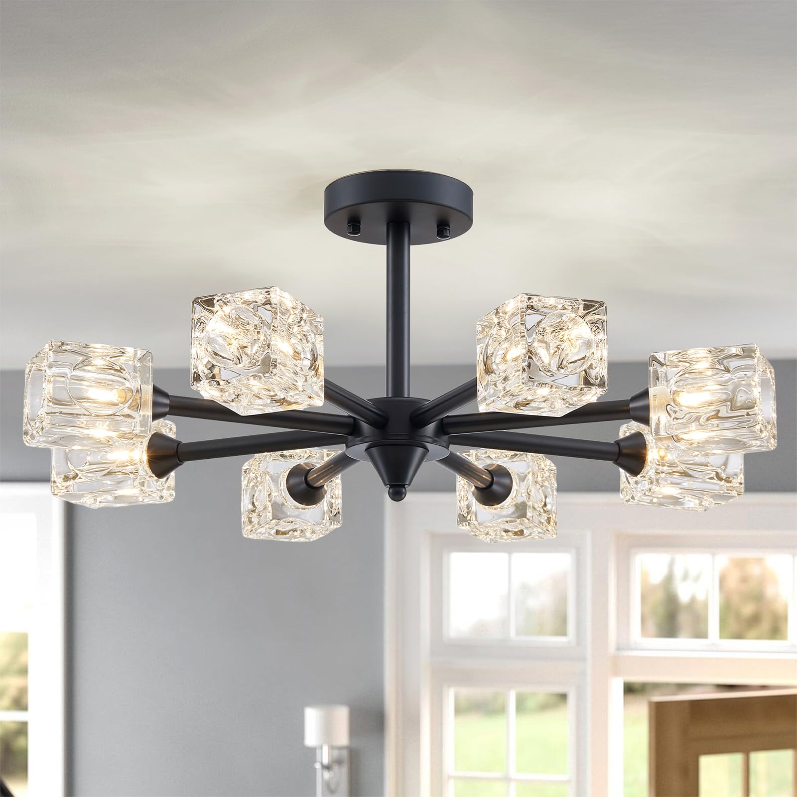 XINGQI Black Sputnik Chandelier Ceiling Light Fixture 8 Lights Farmhouse Semi Flush Mount Ceiling Light Industrial Glass Lightin