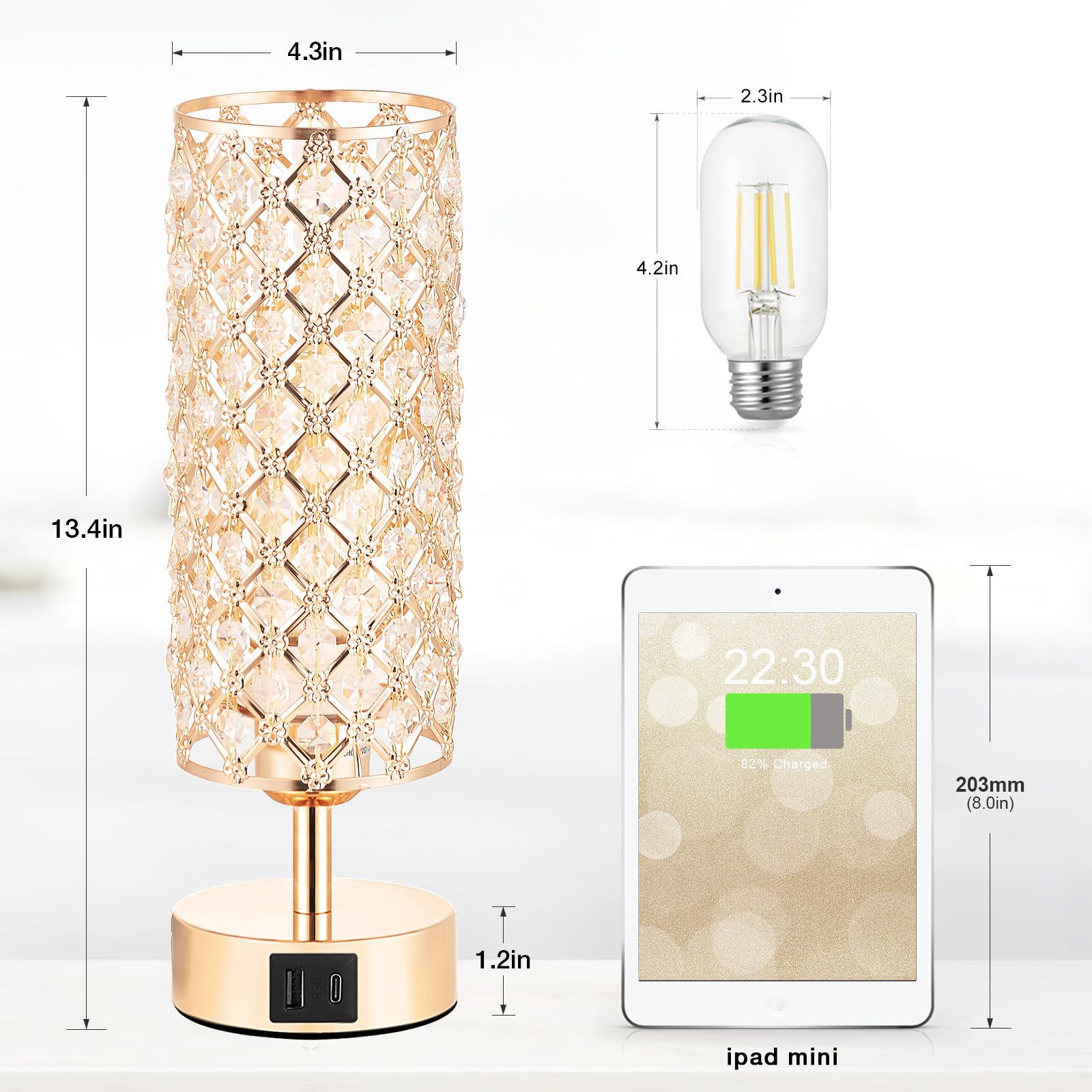 Crystal Table Lamp, Gold Lamp For Bedroom With Usb-C Usb-A Charging Ports, 3 Way Dimmable Light With Crystal Lampshade, Bedside