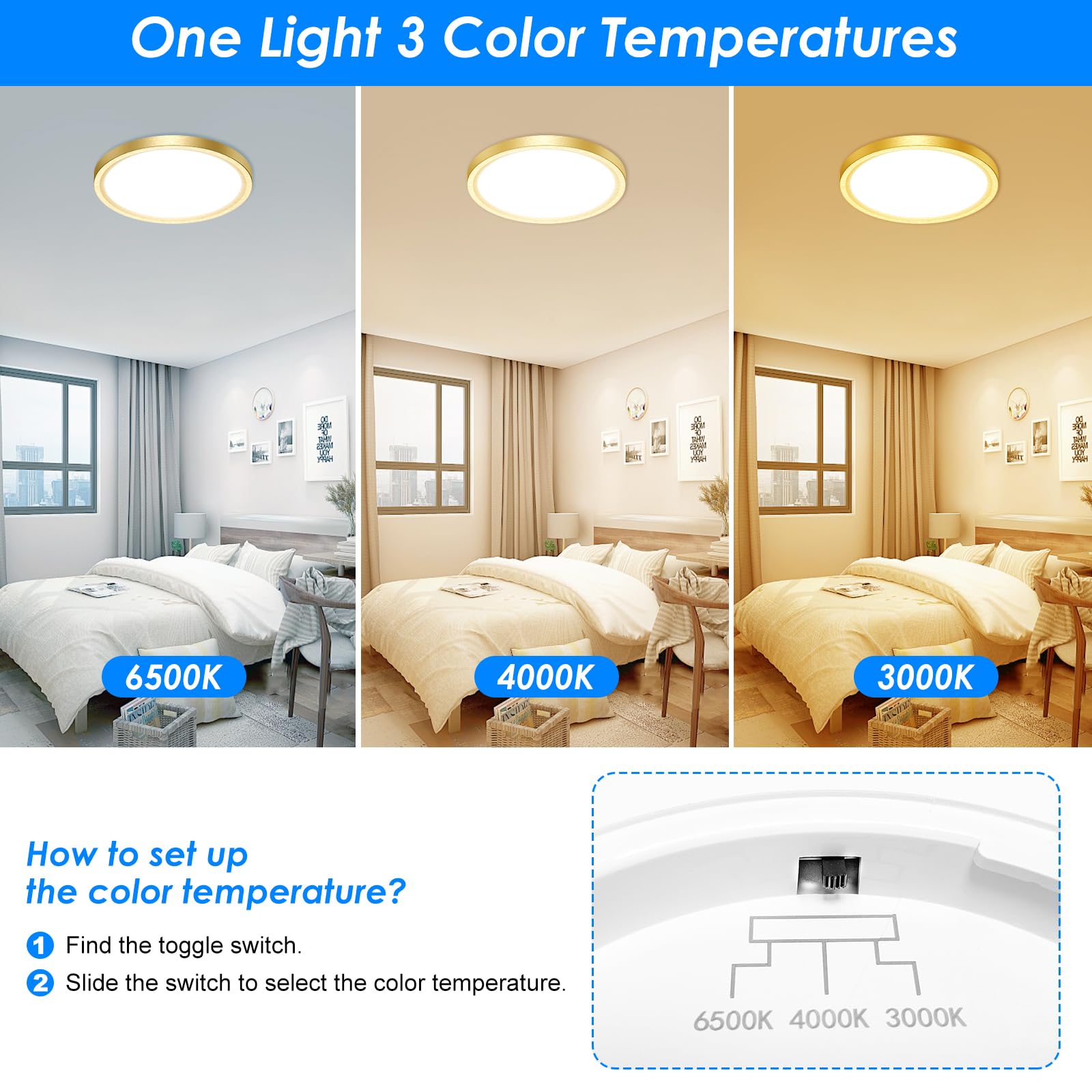 Peasur 7 Inch Led Ceiling Light Gold, 15W Slim Flush Mount Ceiling Light 3000K/4000K/6500K Adjustable, Modern Round Ceiling Ligh